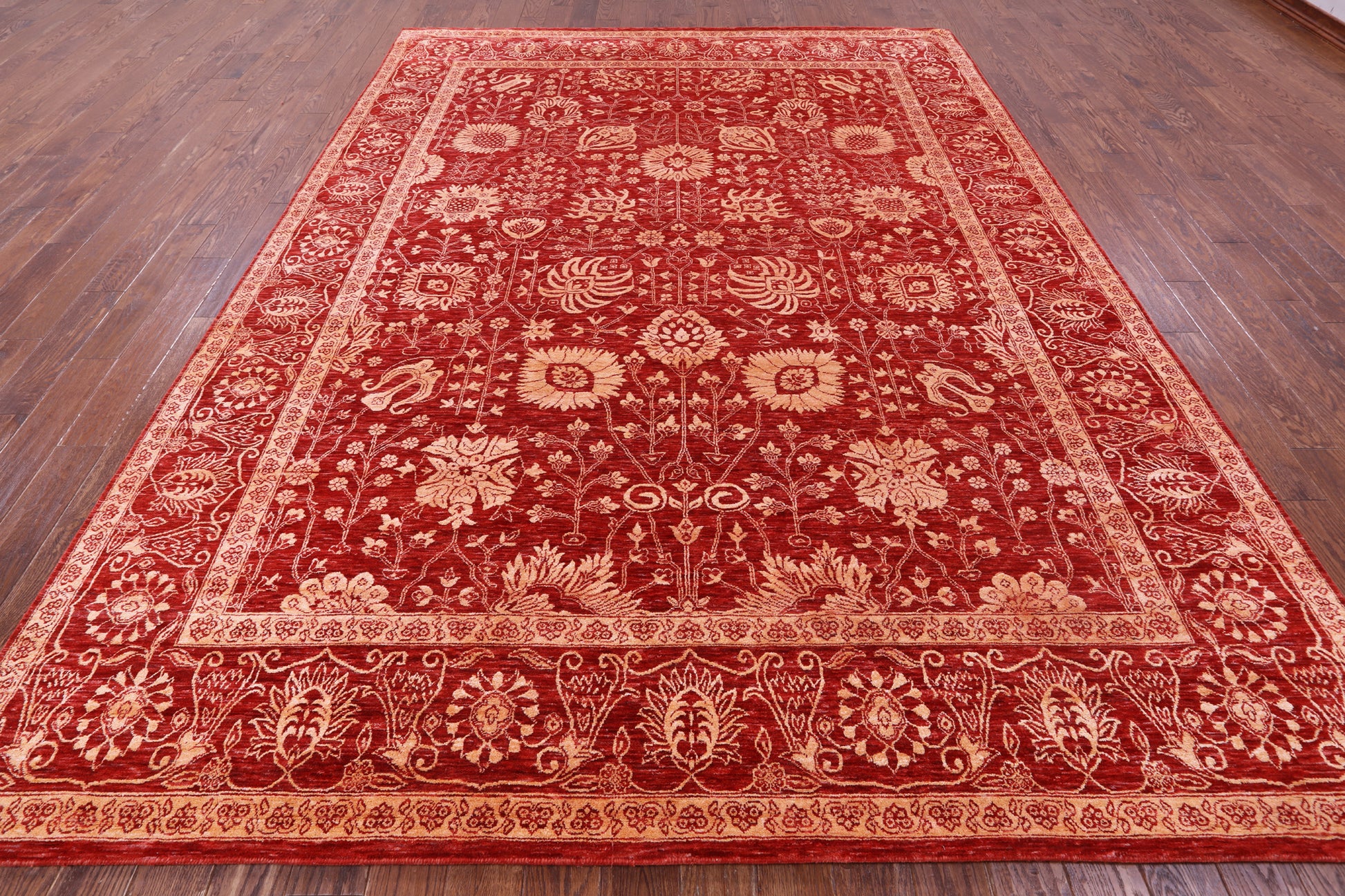 Red Persian Tabriz Hand Knotted Wool & Silk Rug - 8' 11" X 11' 11" - Golden Nile