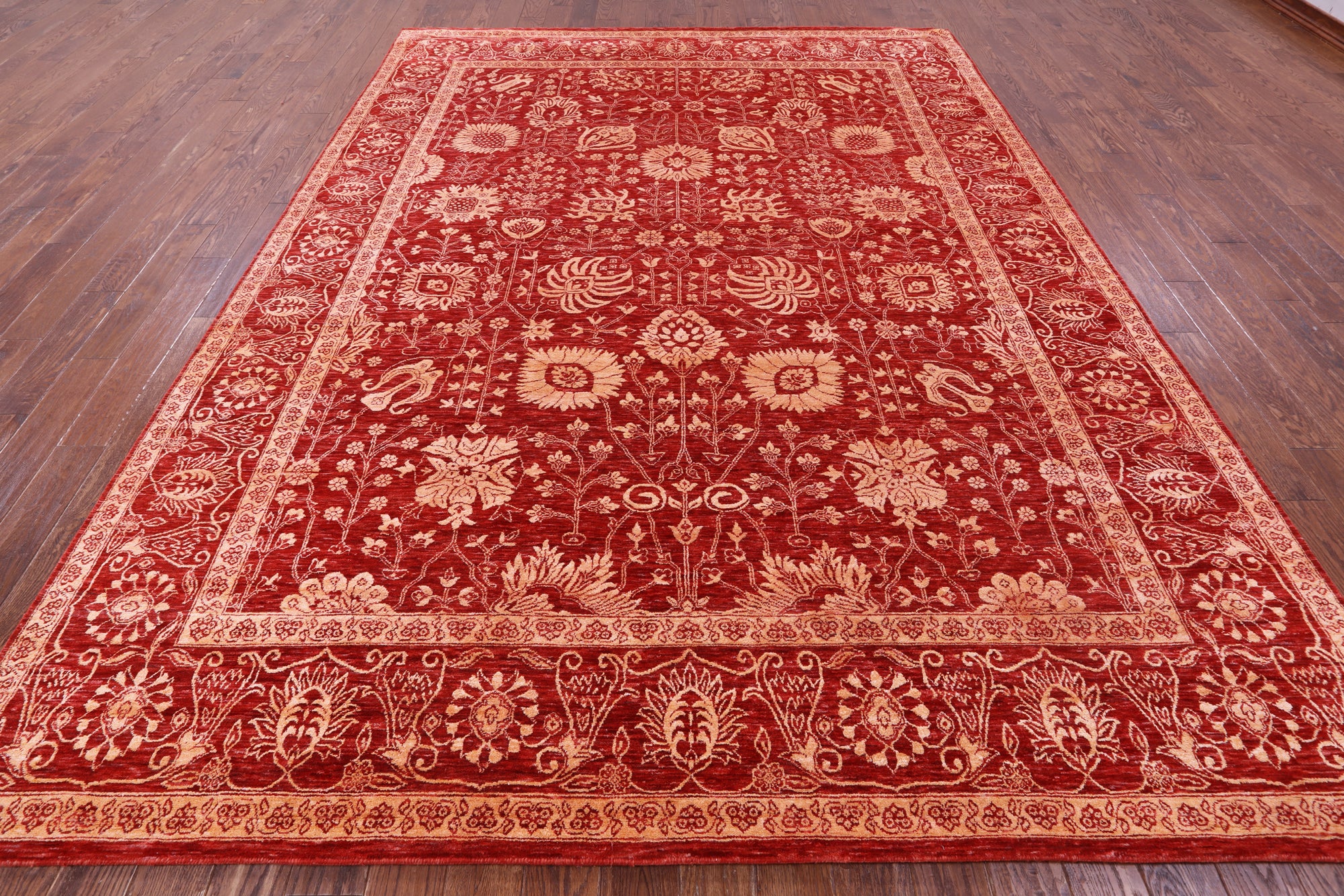 Red Persian Tabriz Hand Knotted Wool & Silk Rug - 8' 11" X 11' 11" - Golden Nile