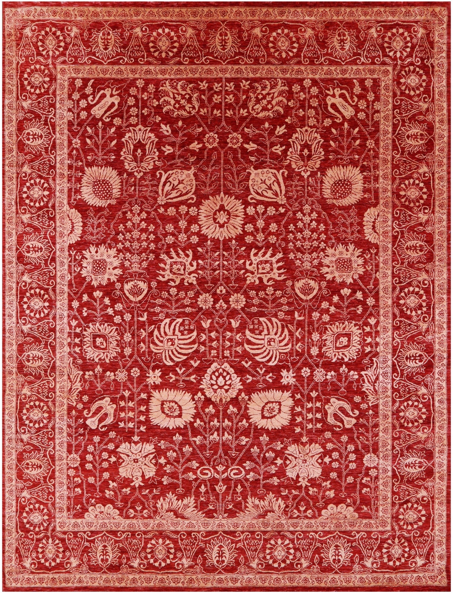 Red Persian Tabriz Hand Knotted Wool & Silk Rug - 8' 11" X 11' 11" - Golden Nile