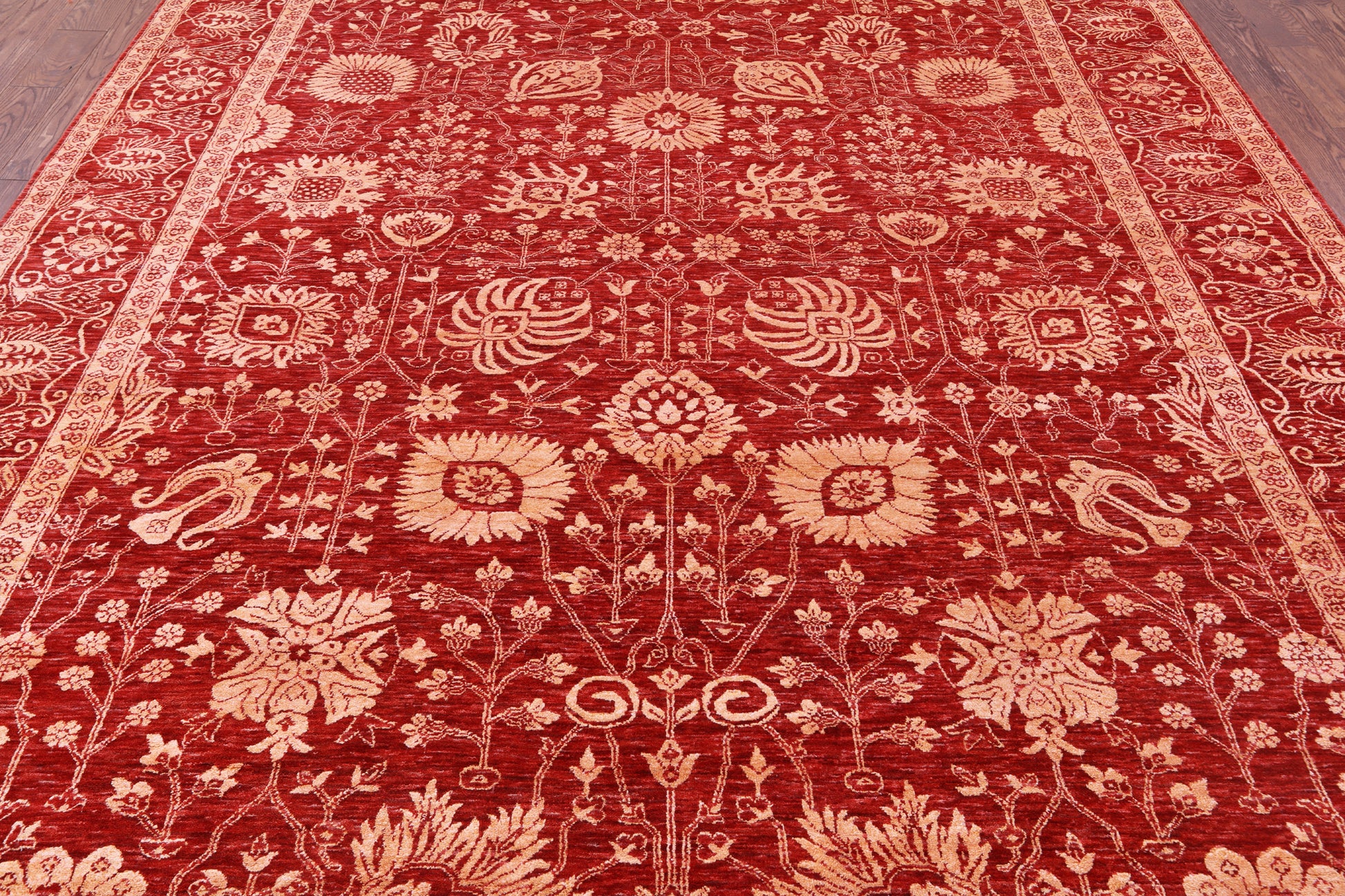 Red Persian Tabriz Hand Knotted Wool & Silk Rug - 8' 11" X 11' 11" - Golden Nile