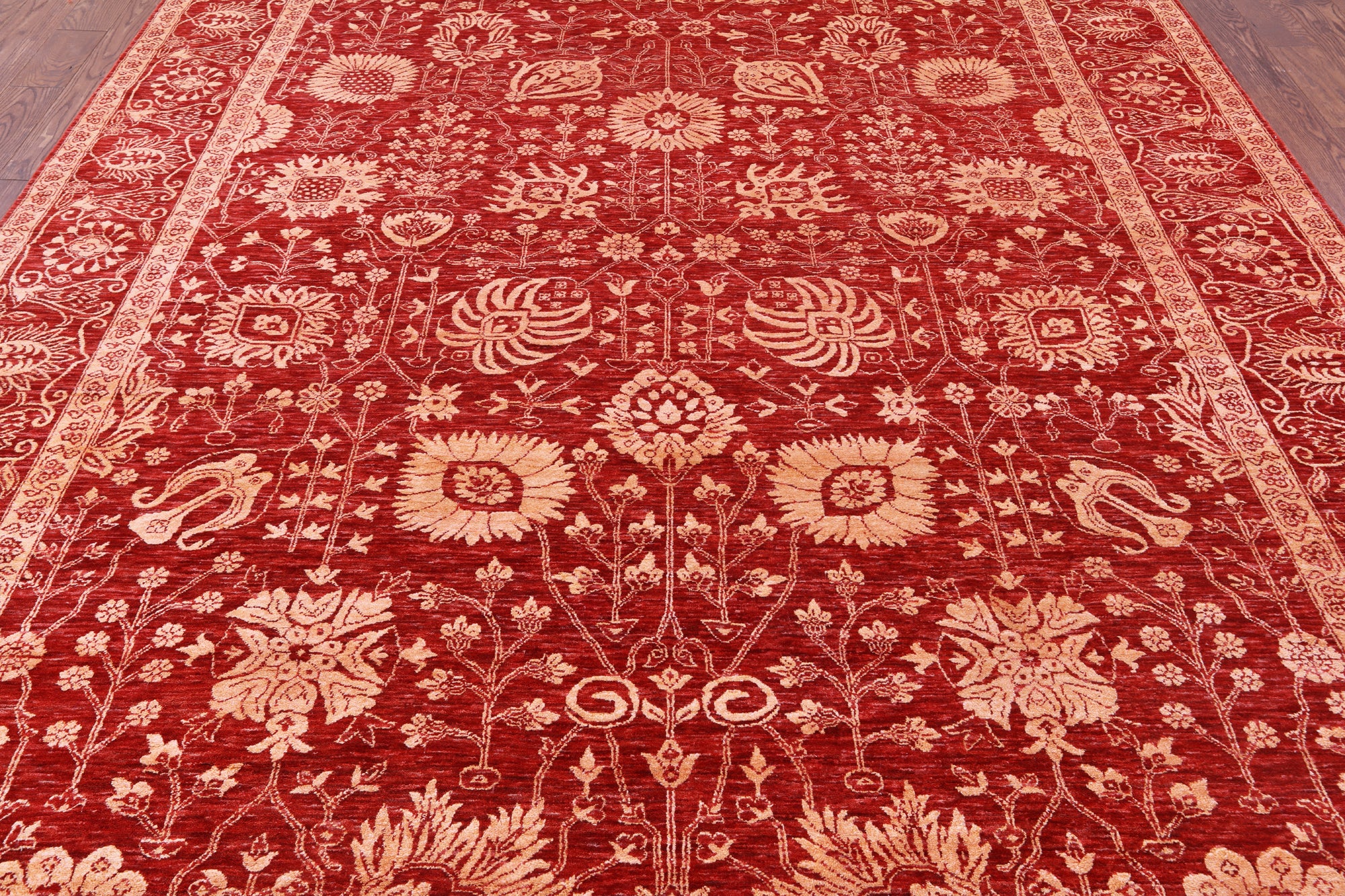 Red Persian Tabriz Hand Knotted Wool & Silk Rug - 8' 11" X 11' 11" - Golden Nile