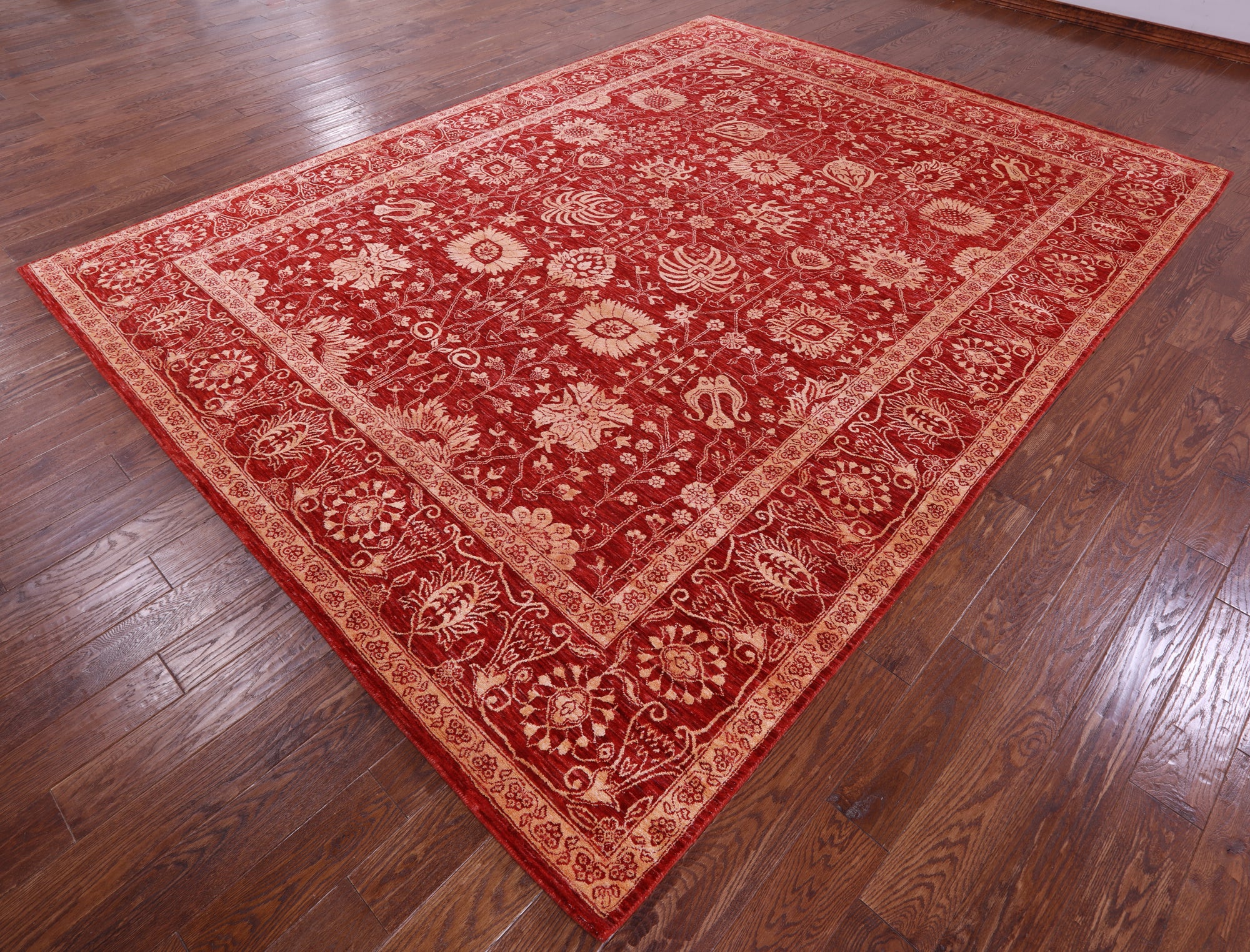 Red Persian Tabriz Hand Knotted Wool & Silk Rug - 8' 11" X 11' 11" - Golden Nile