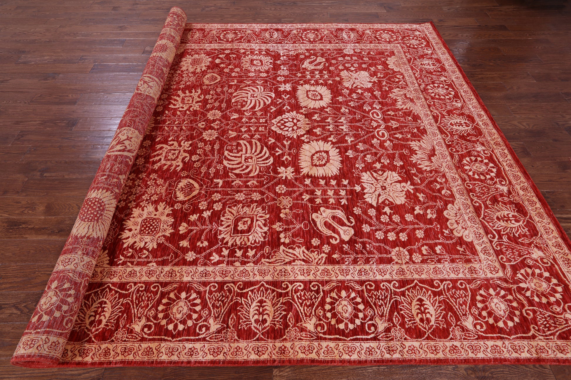 Red Persian Tabriz Hand Knotted Wool & Silk Rug - 8' 11" X 11' 11" - Golden Nile