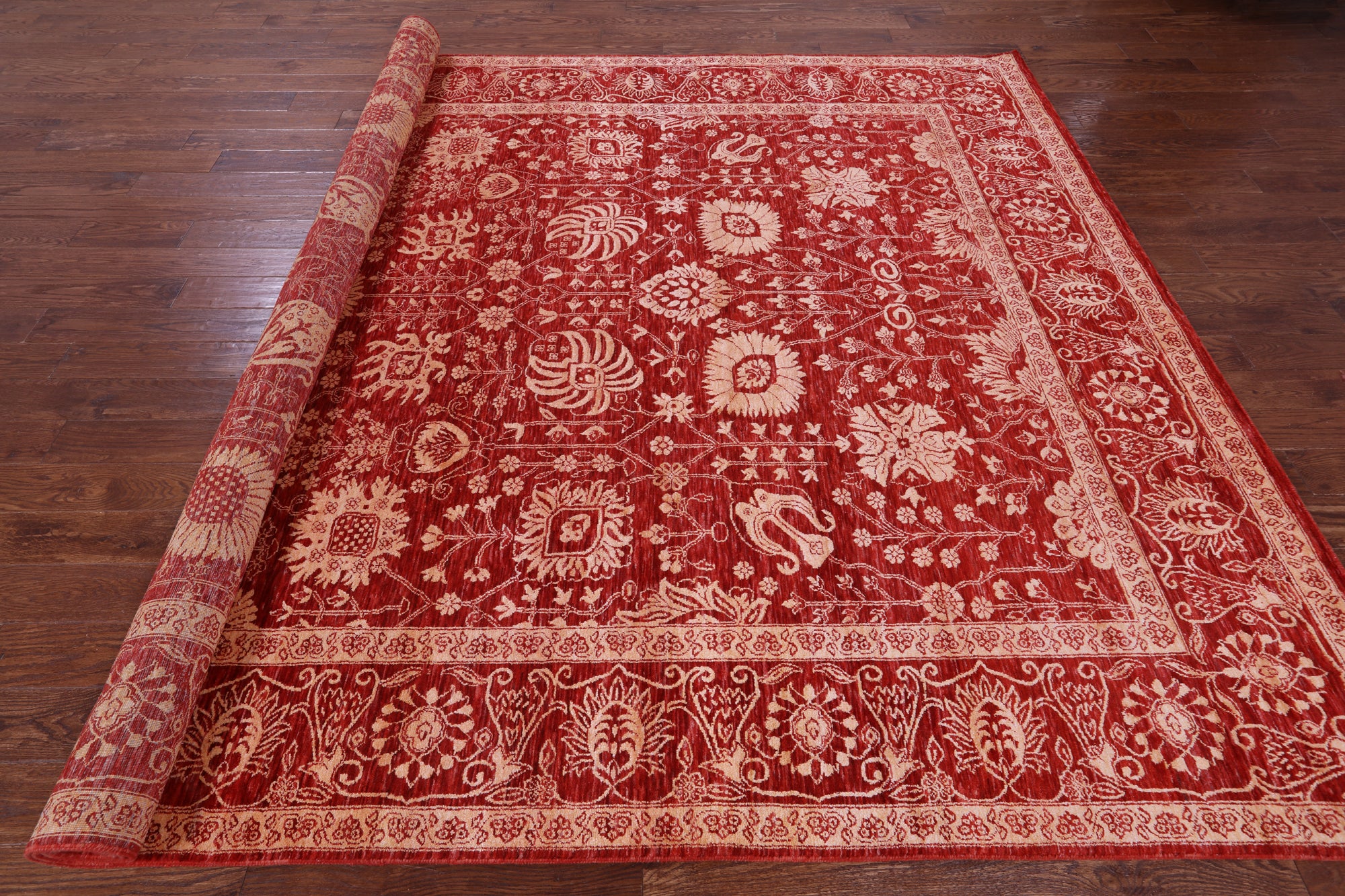 Red Persian Tabriz Hand Knotted Wool & Silk Rug - 8' 11" X 11' 11" - Golden Nile