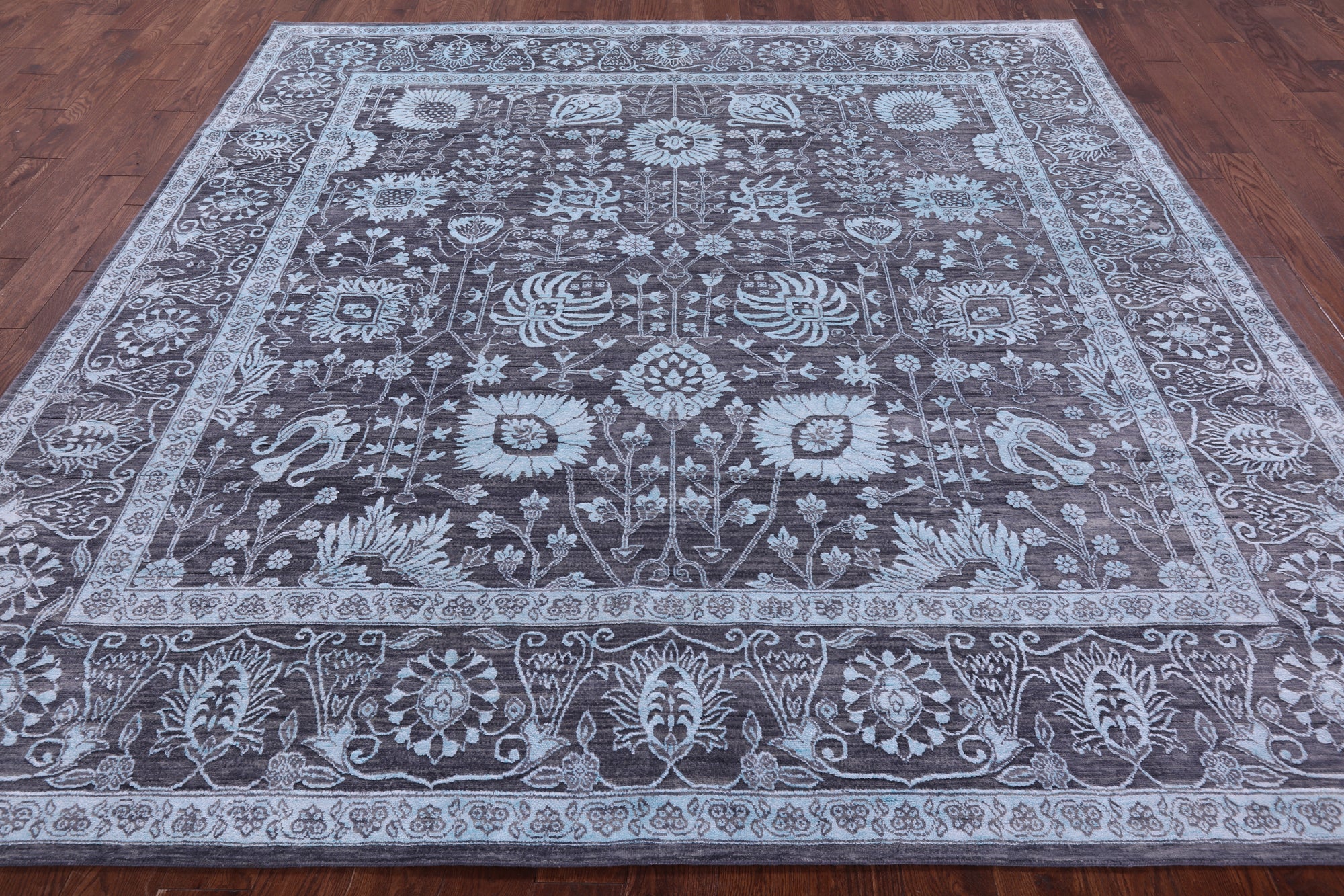 Grey Square Persian Tabriz Hand Knotted Wool & Silk Rug - 8' 10" X 9' 1" - Golden Nile