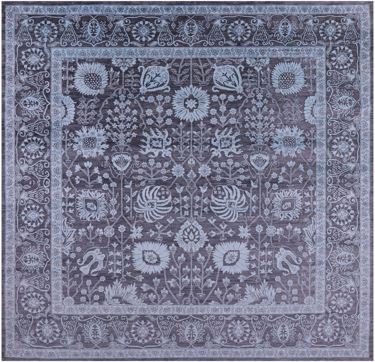 Grey Square Persian Tabriz Hand Knotted Wool & Silk Rug - 8' 10" X 9' 1" - Golden Nile