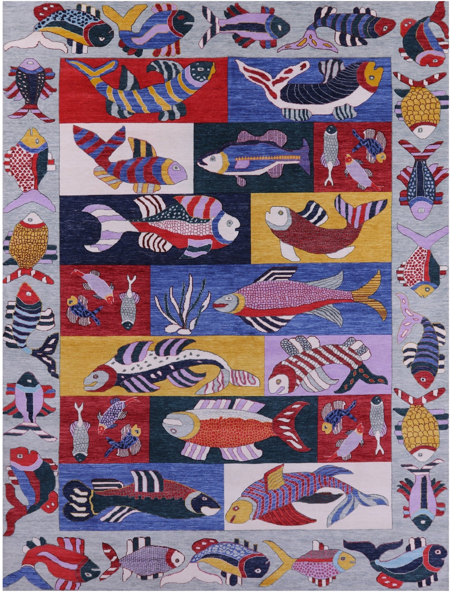Fish Design Persian Gabbeh Hand Knotted Wool Rug - 8' 11" X 12' 2" - Golden Nile
