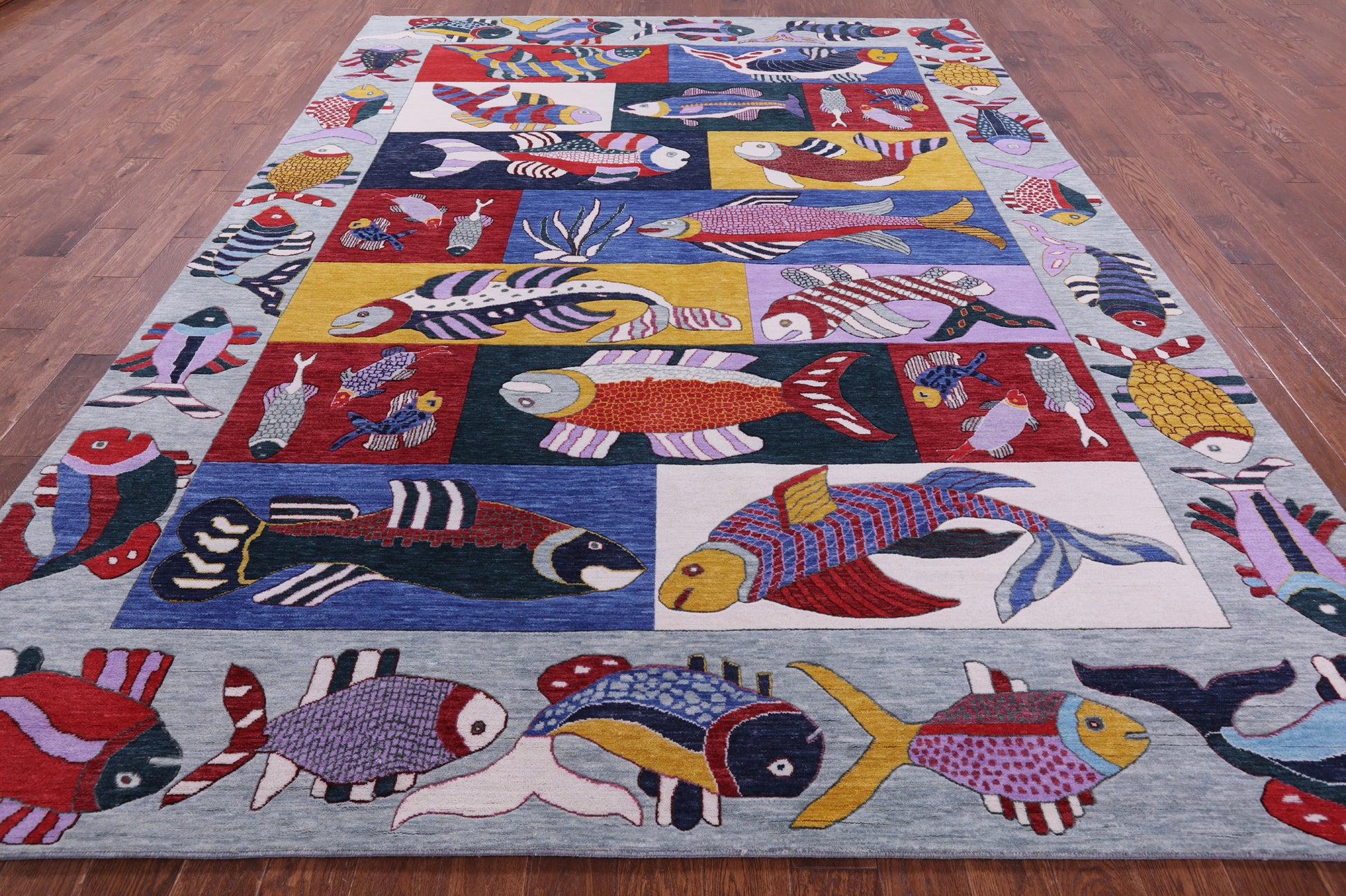 Fish Design Persian Gabbeh Hand Knotted Wool Rug - 8' 11" X 12' 2" - Golden Nile