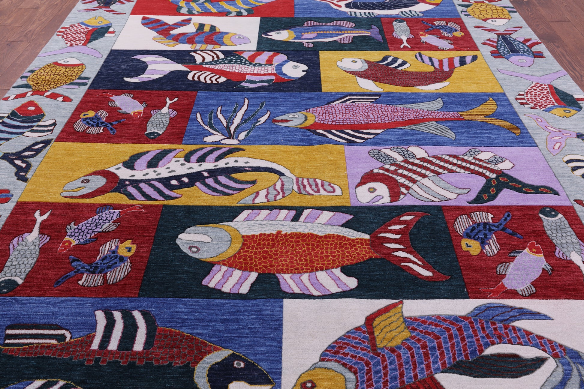 Fish Design Persian Gabbeh Hand Knotted Wool Rug - 8' 11" X 12' 2" - Golden Nile