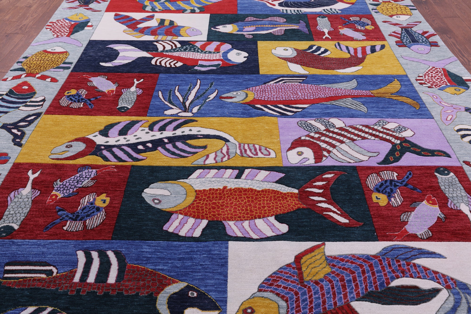 Fish Design Persian Gabbeh Hand Knotted Wool Rug - 8' 11" X 12' 2" - Golden Nile