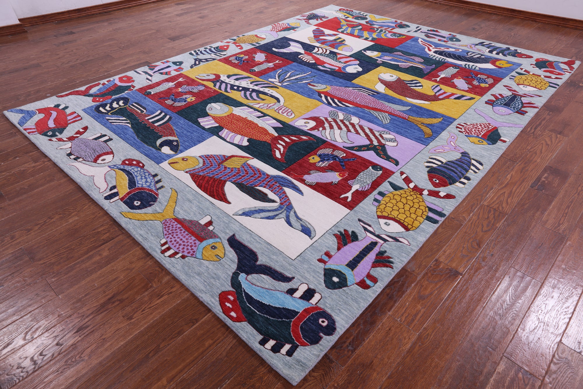 Fish Design Persian Gabbeh Hand Knotted Wool Rug - 8' 11" X 12' 2" - Golden Nile
