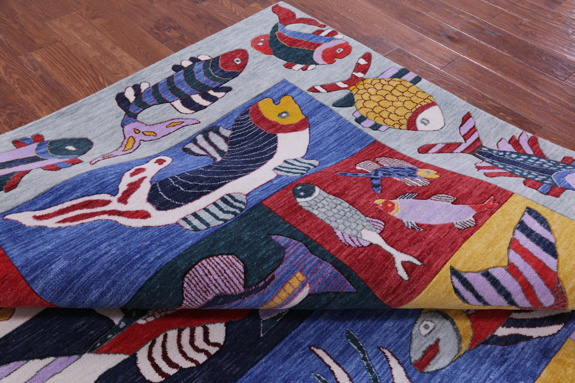 Fish Design Persian Gabbeh Hand Knotted Wool Rug - 8' 11" X 12' 2" - Golden Nile