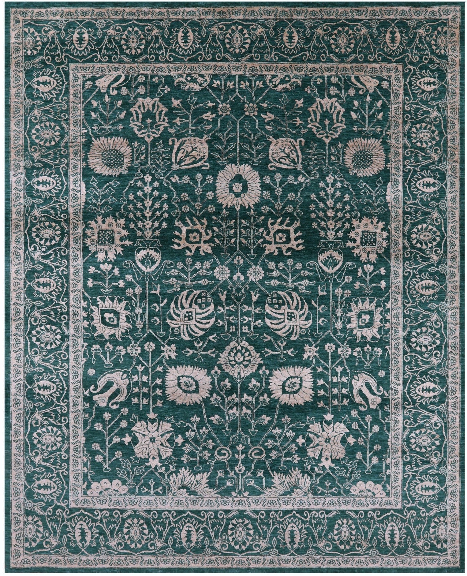 Green Persian Tabriz Hand Knotted Wool & Silk Rug - 8' 1" X 10' 2" - Golden Nile
