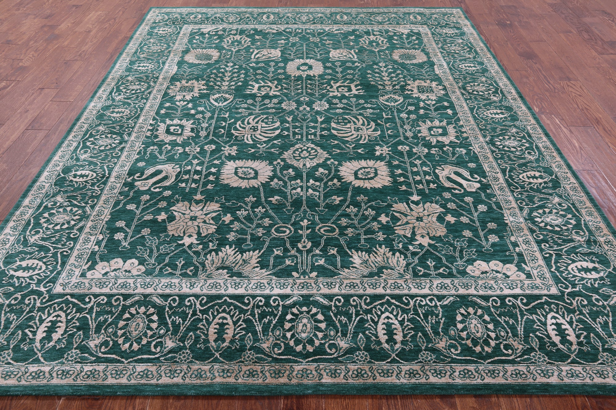 Green Persian Tabriz Hand Knotted Wool & Silk Rug - 8' 1" X 10' 2" - Golden Nile
