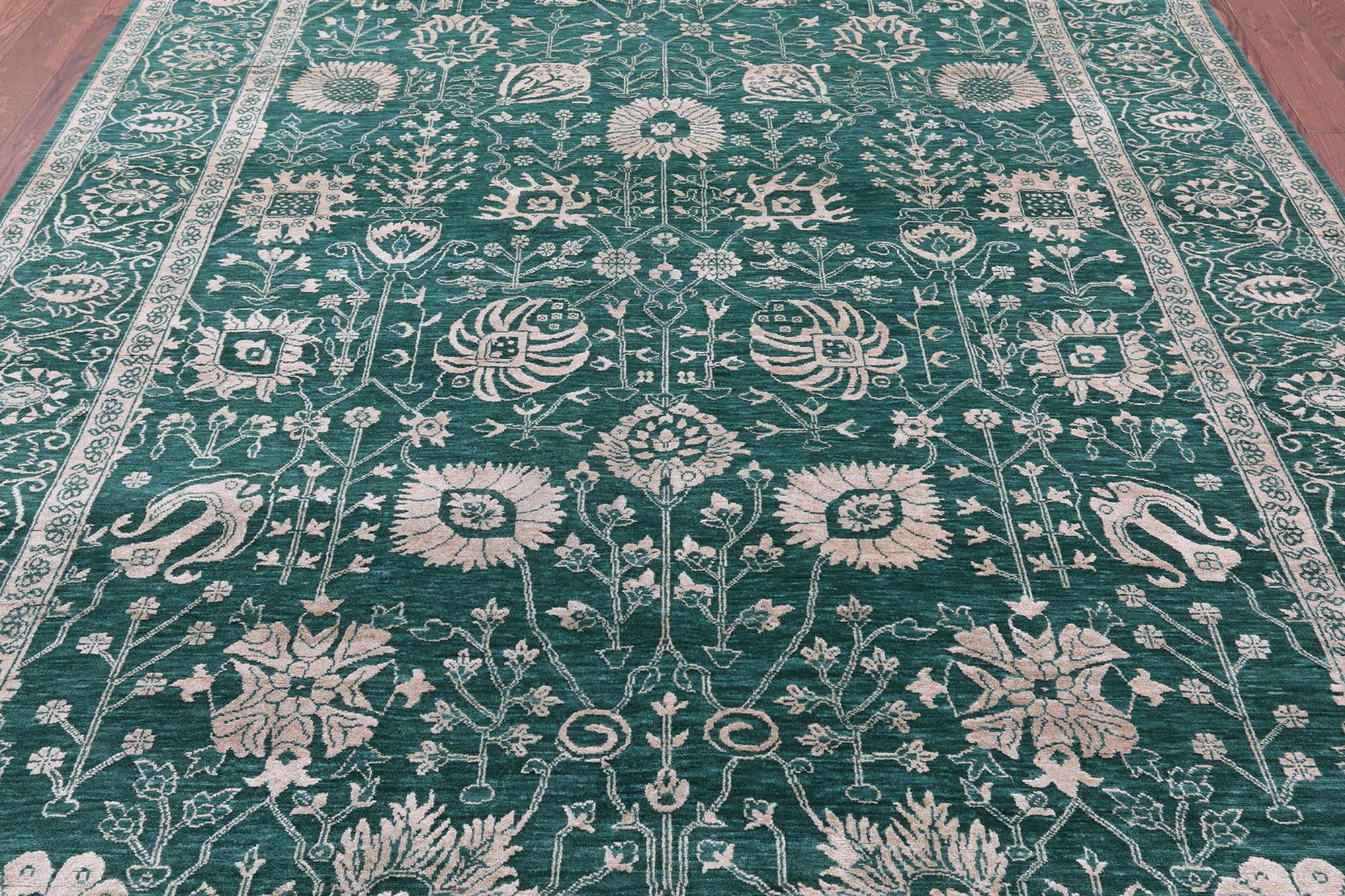 Green Persian Tabriz Hand Knotted Wool & Silk Rug - 8' 1" X 10' 2" - Golden Nile