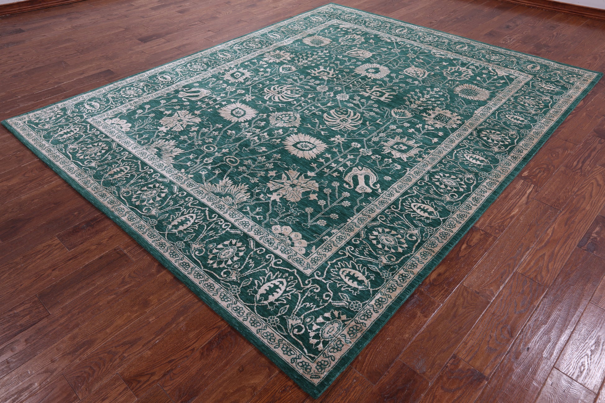 Green Persian Tabriz Hand Knotted Wool & Silk Rug - 8' 1" X 10' 2" - Golden Nile