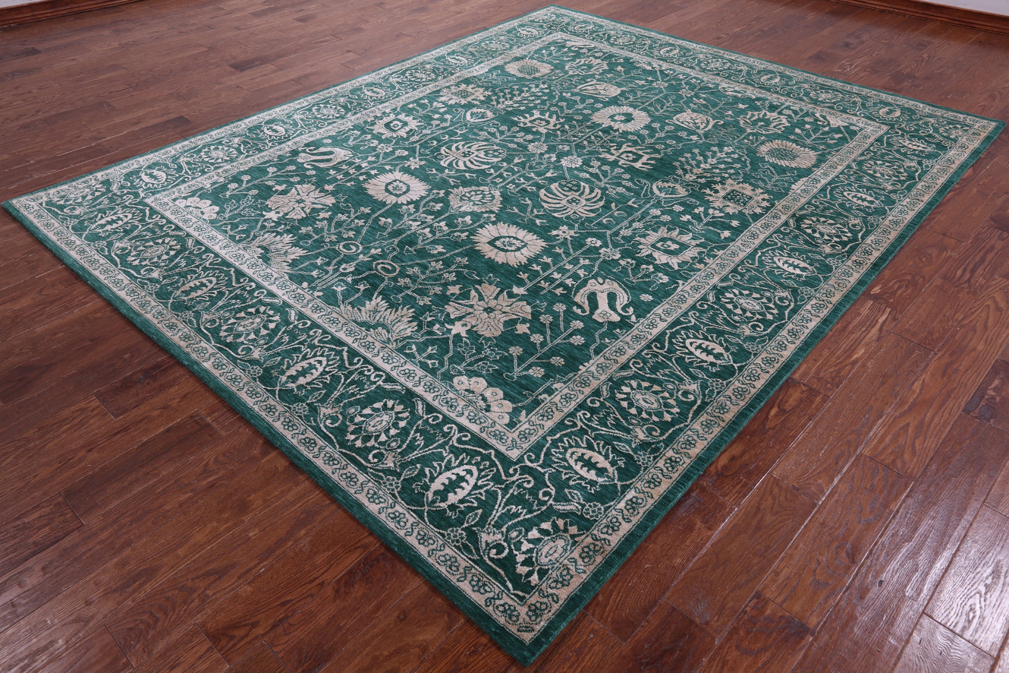Green Persian Tabriz Hand Knotted Wool & Silk Rug - 8' 1" X 10' 2" - Golden Nile