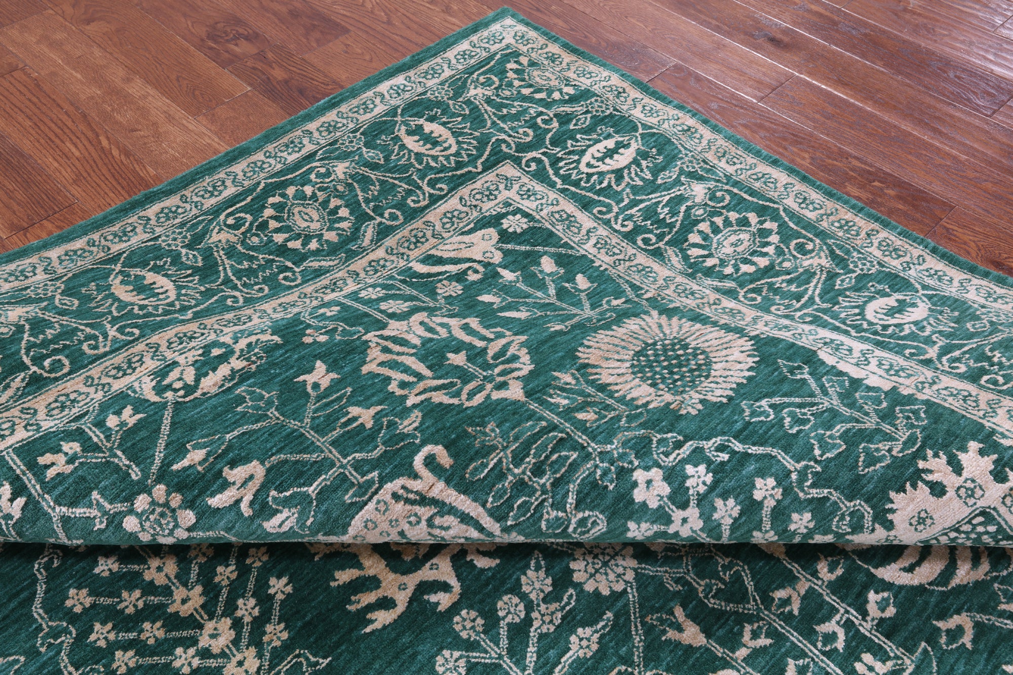 Green Persian Tabriz Hand Knotted Wool & Silk Rug - 8' 1" X 10' 2" - Golden Nile