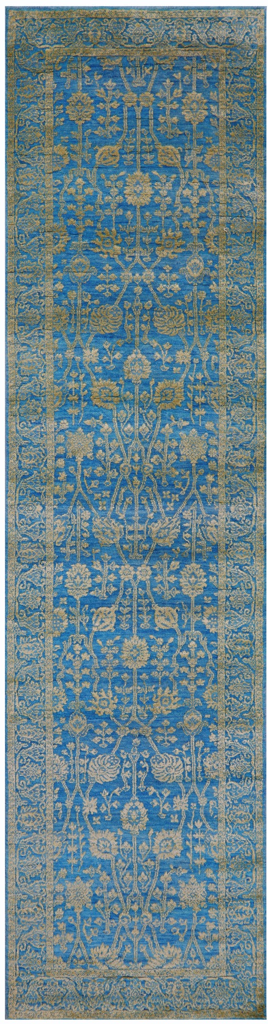 Blue Persian Tabriz Hand Knotted Wool & Silk Runner Rug - 2' 7" X 10' 2" - Golden Nile