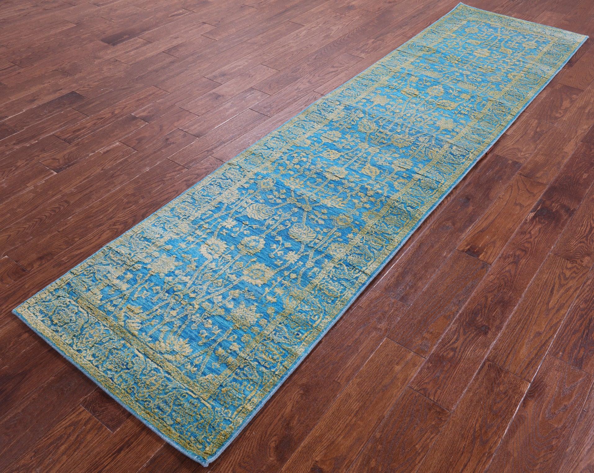 Blue Persian Tabriz Hand Knotted Wool & Silk Runner Rug - 2' 7" X 10' 2" - Golden Nile