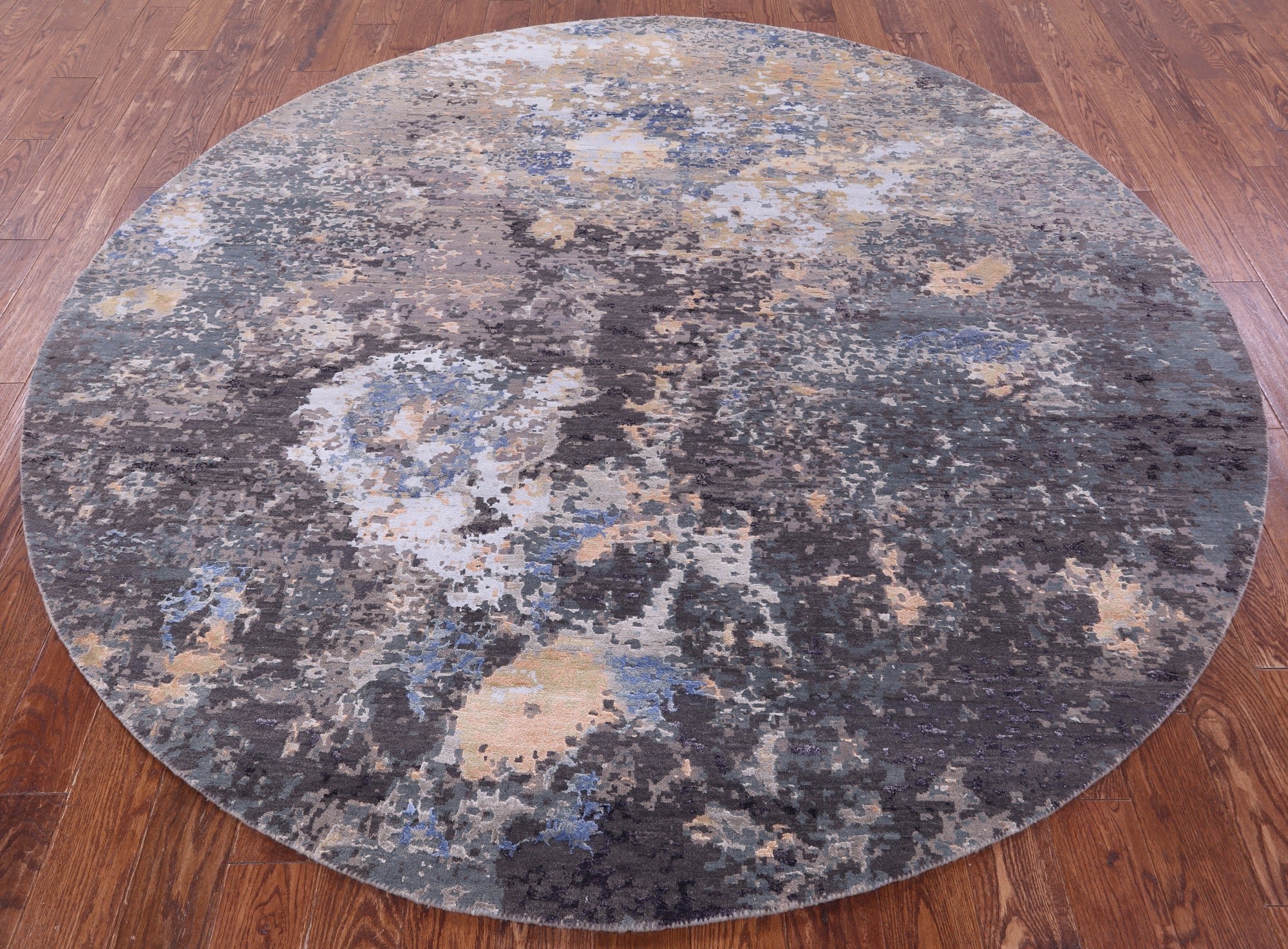 Round Abstract Contemporary Hand Knotted Wool & Silk Rug - 8' 0" X 8' 0" - Golden Nile