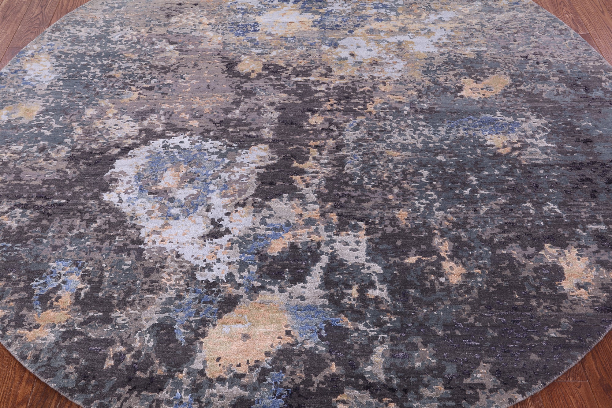 Round Abstract Contemporary Hand Knotted Wool & Silk Rug - 8' 0" X 8' 0" - Golden Nile