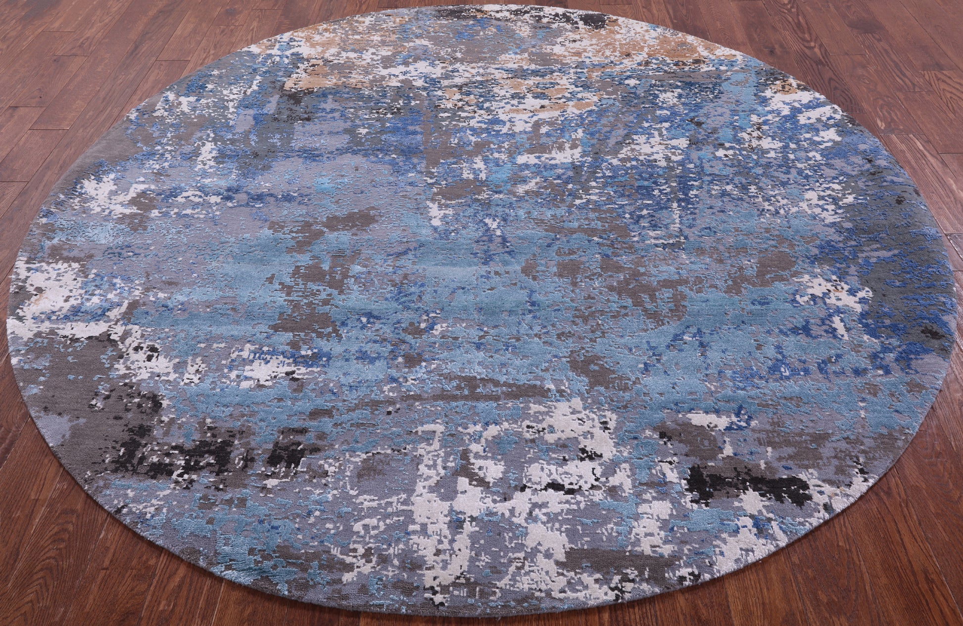 Round Abstract Contemporary Hand Knotted Wool & Silk Rug - 7' 11" X 8' 1" - Golden Nile