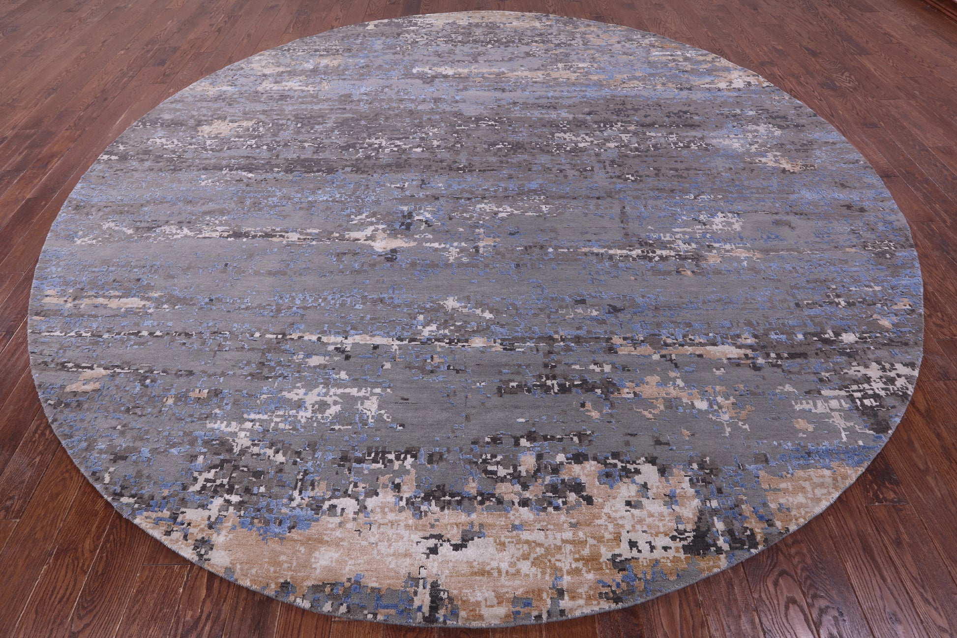Round Abstract Contemporary Hand Knotted Wool & Silk Rug - 11' 11" X 12' 0" - Golden Nile