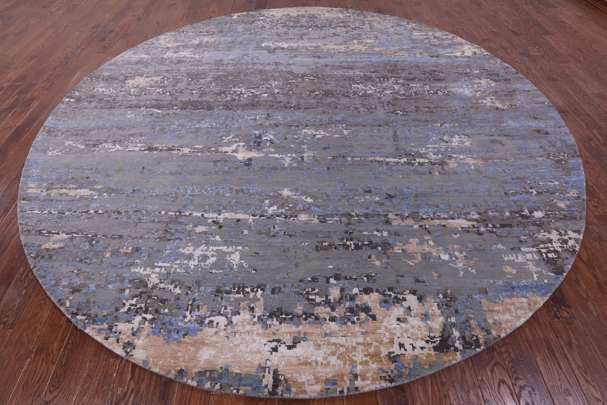 Round Abstract Contemporary Hand Knotted Wool & Silk Rug - 11' 11" X 12' 0" - Golden Nile