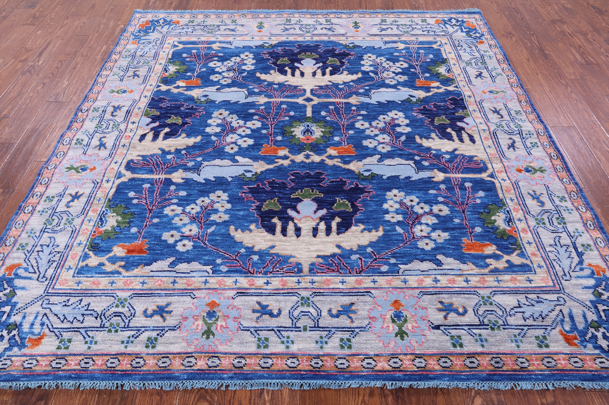 Blue Square Turkish Oushak Hand Knotted Wool Rug - 7' 11" X 8' 0" - Golden Nile