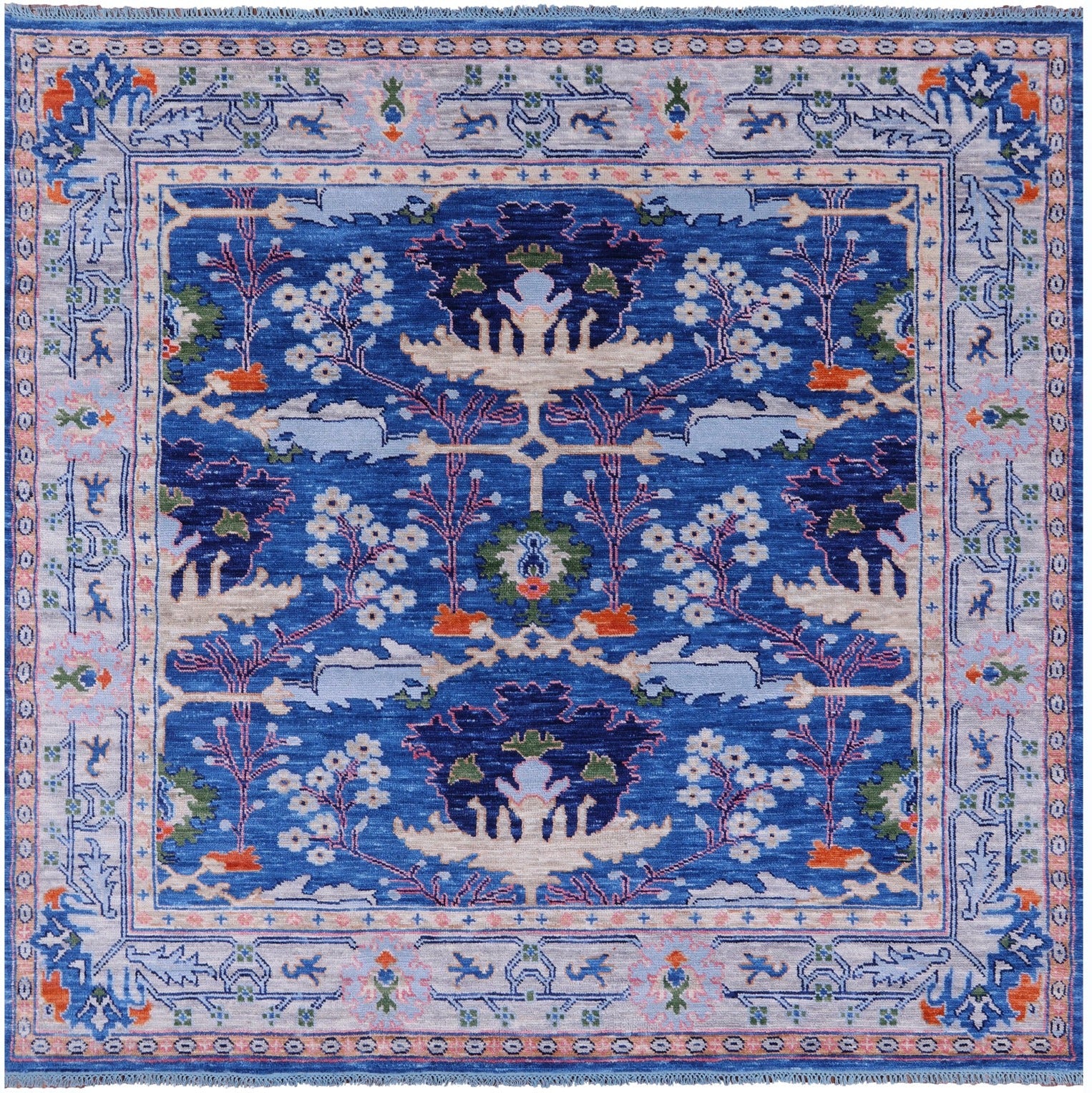 Blue Square Turkish Oushak Hand Knotted Wool Rug - 7' 11" X 8' 0" - Golden Nile