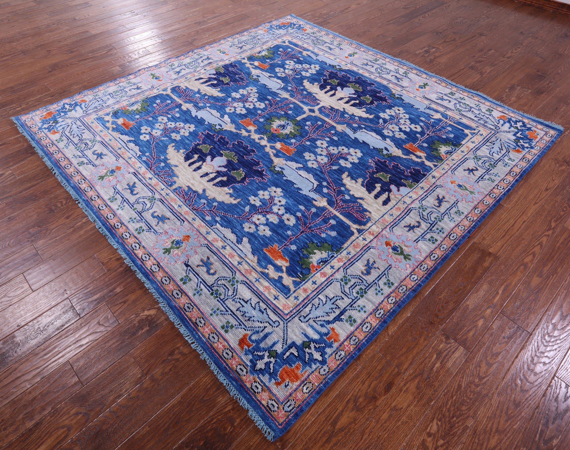 Blue Square Turkish Oushak Hand Knotted Wool Rug - 7' 11" X 8' 0" - Golden Nile