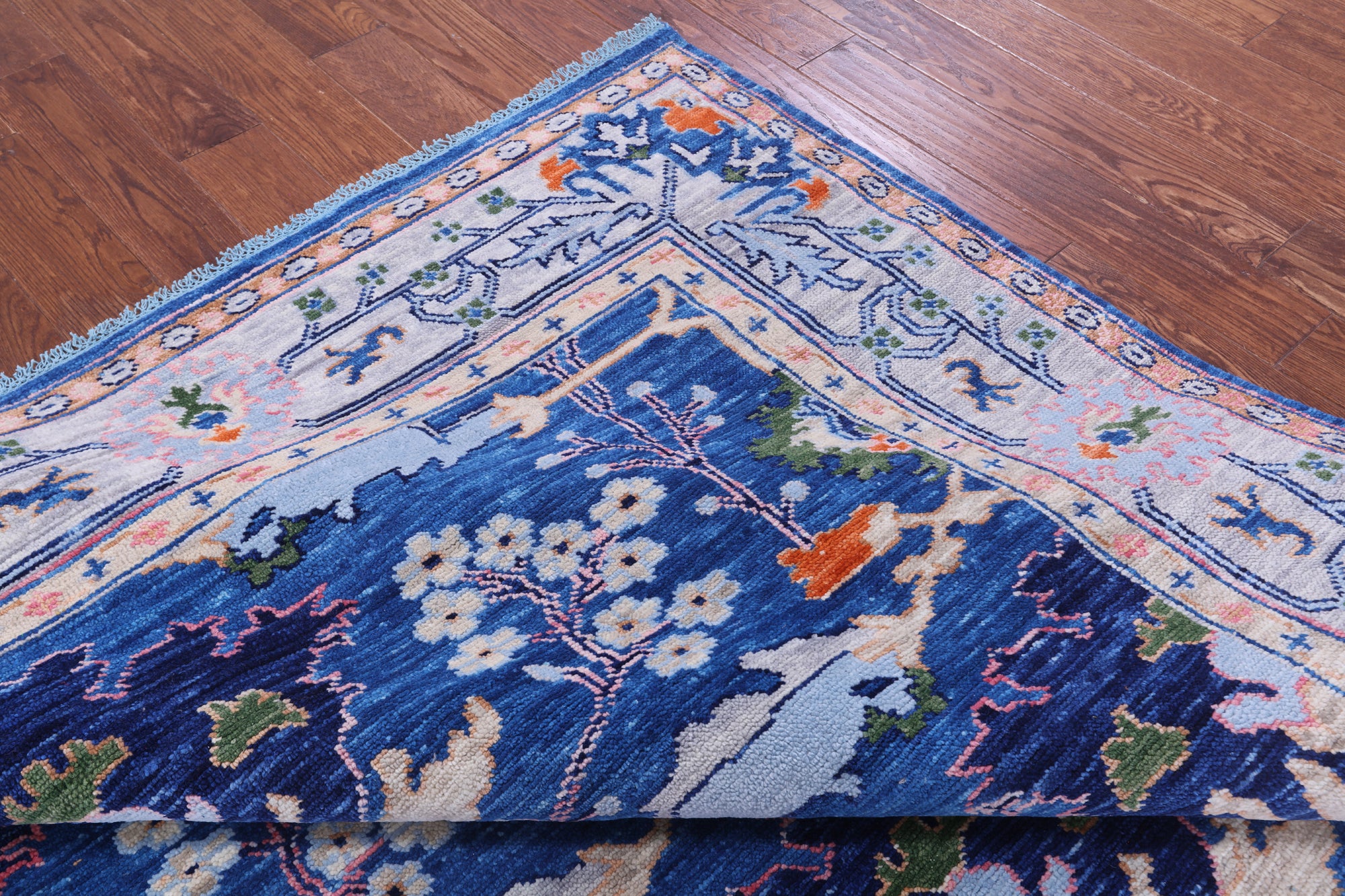 Blue Square Turkish Oushak Hand Knotted Wool Rug - 7' 11" X 8' 0" - Golden Nile
