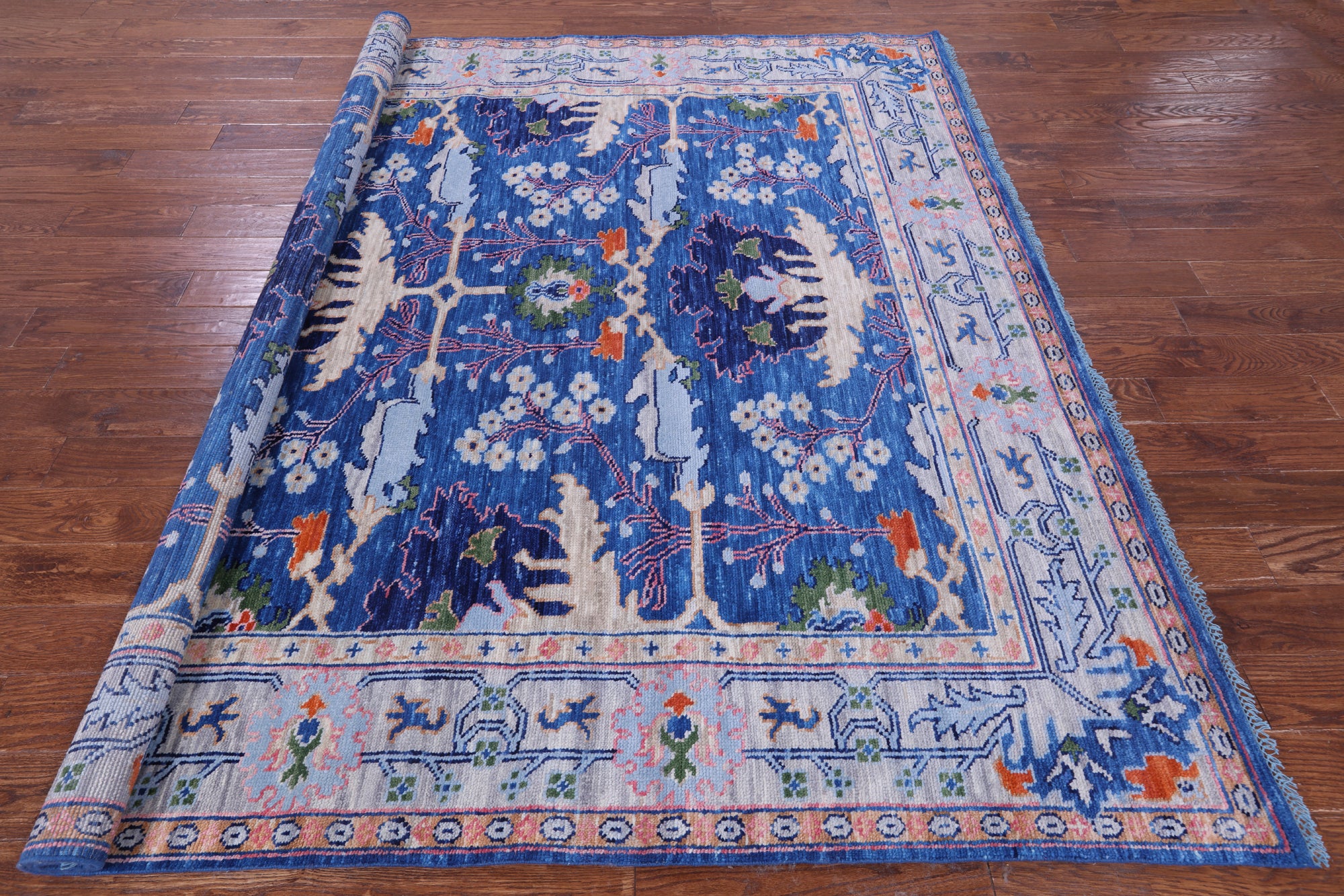 Blue Square Turkish Oushak Hand Knotted Wool Rug - 7' 11" X 8' 0" - Golden Nile