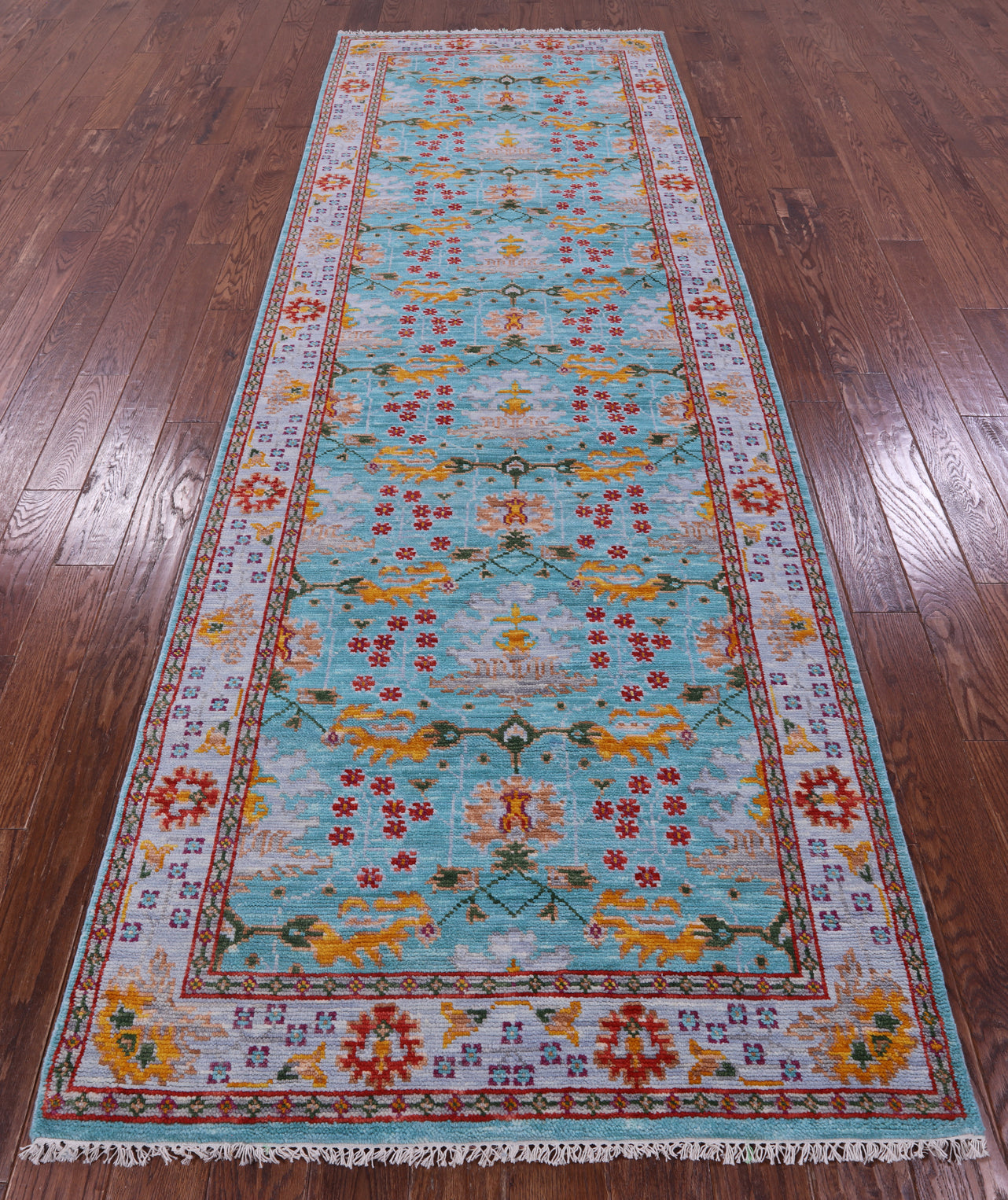 Blue Turkish Oushak Hand Knotted Wool Runner Rug - 4' 1" X 11' 11" - Golden Nile