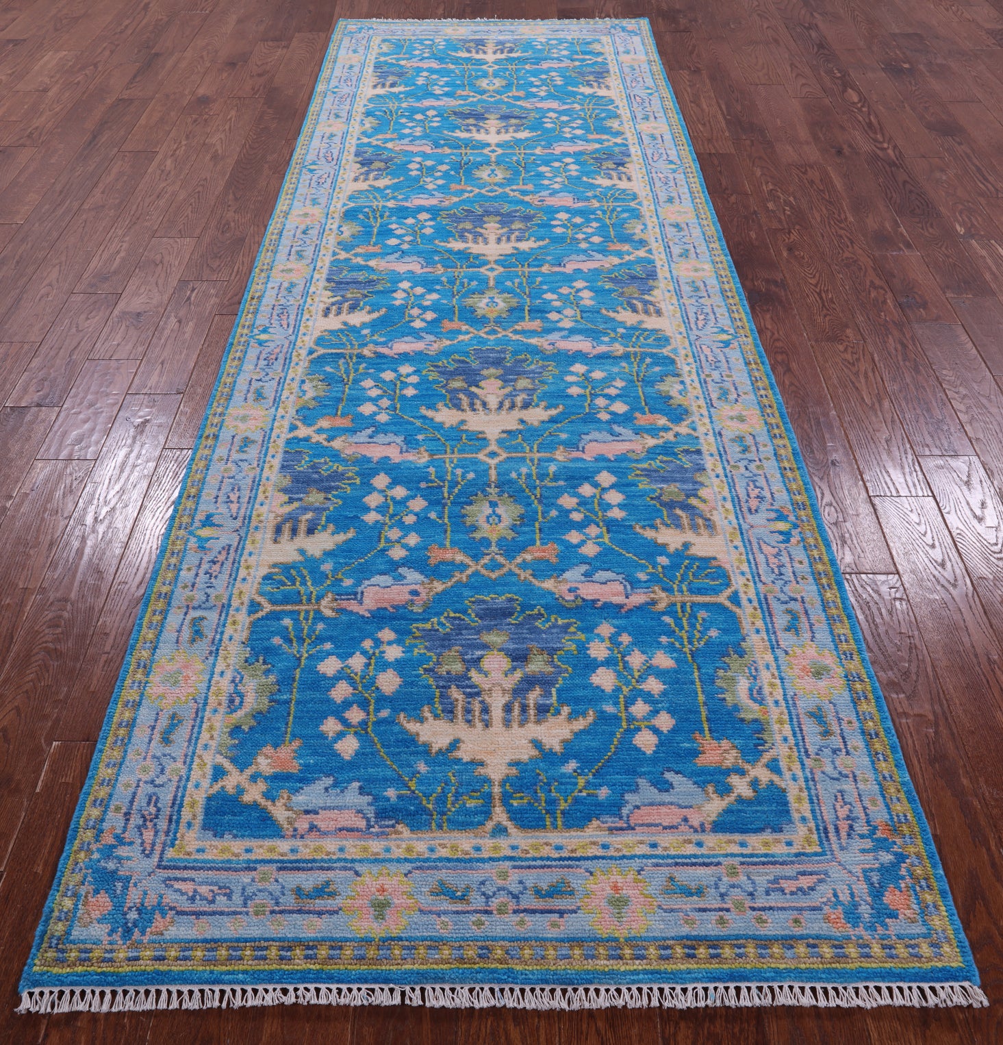 Blue Turkish Oushak Hand Knotted Wool Runner Rug - 4' 0" X 12' 0" - Golden Nile