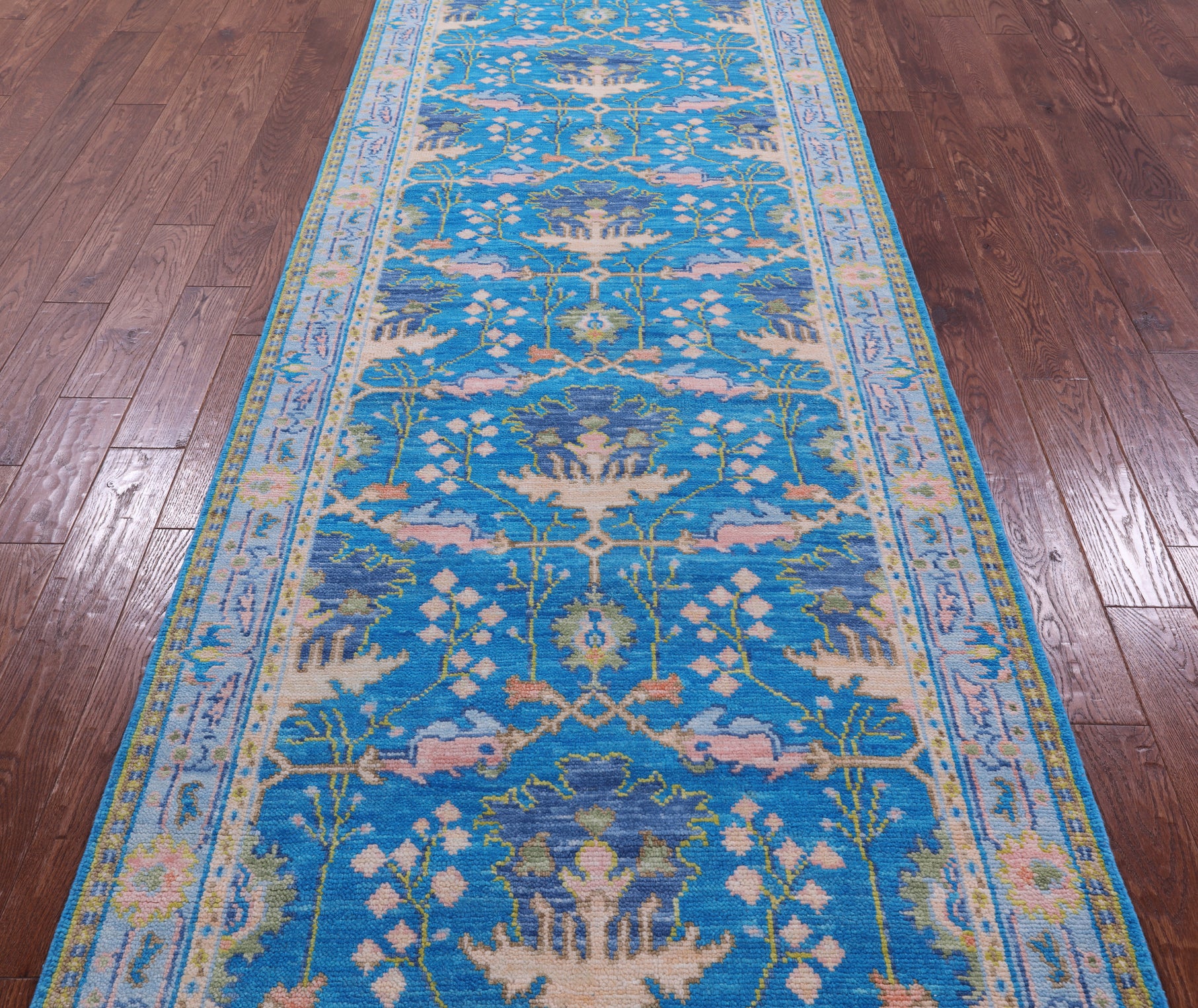 Blue Turkish Oushak Hand Knotted Wool Runner Rug - 4' 0" X 12' 0" - Golden Nile