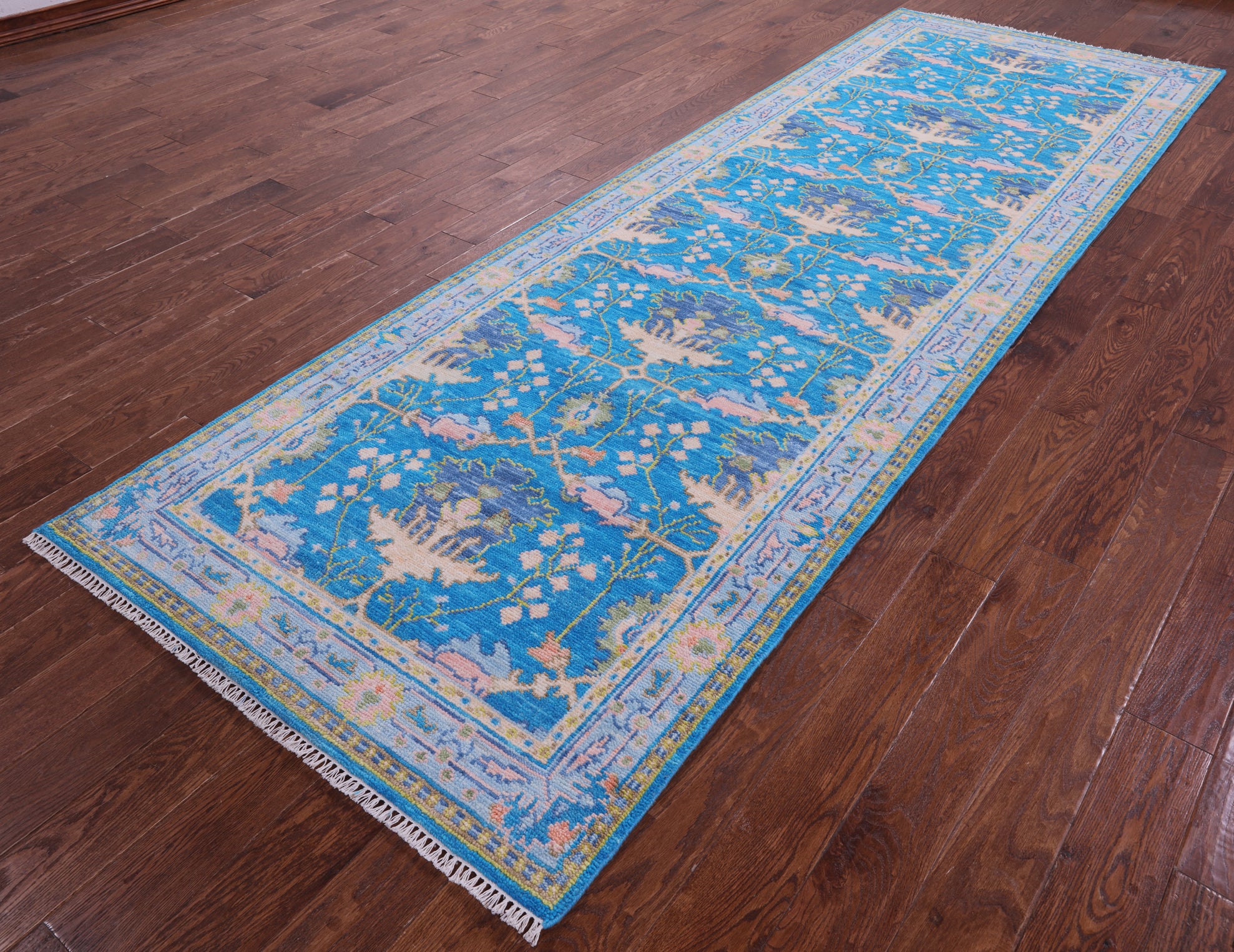 Blue Turkish Oushak Hand Knotted Wool Runner Rug - 4' 0" X 12' 0" - Golden Nile