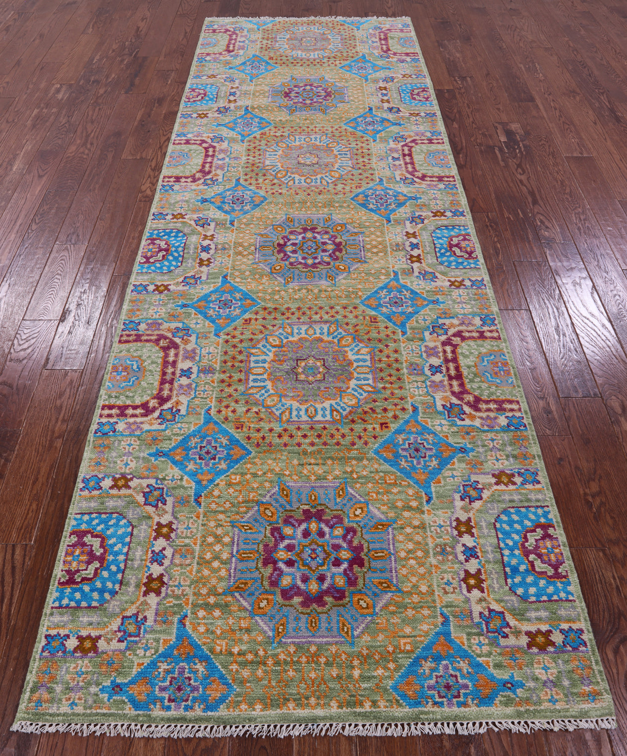 Geometric Persian Mamluk Hand Knotted Wool Runner Rug - 4' 0" X 11' 11" - Golden Nile