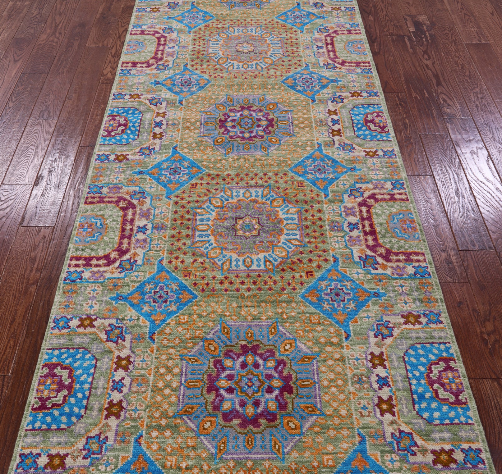 Geometric Persian Mamluk Hand Knotted Wool Runner Rug - 4' 0" X 11' 11" - Golden Nile