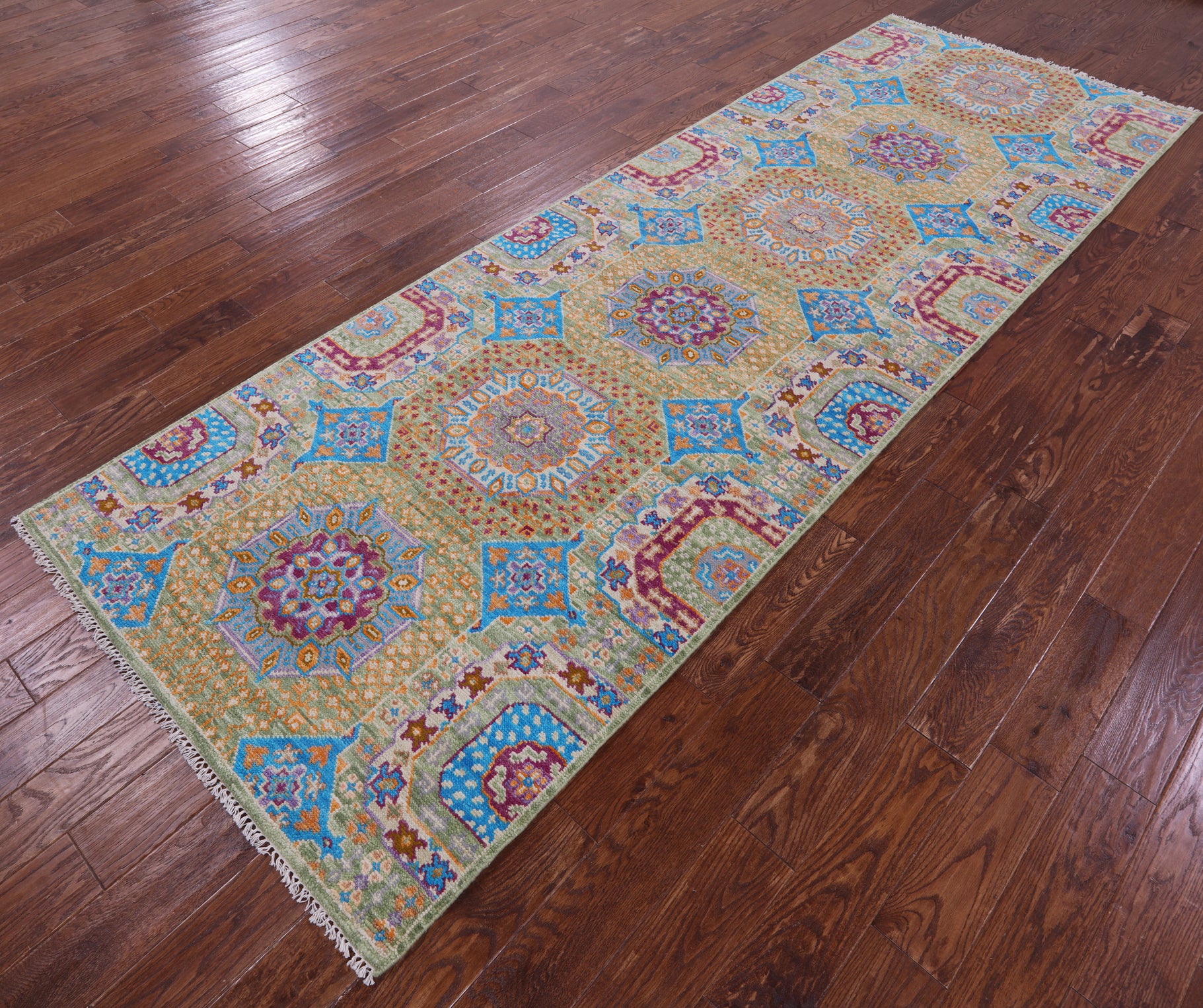 Geometric Persian Mamluk Hand Knotted Wool Runner Rug - 4' 0" X 11' 11" - Golden Nile