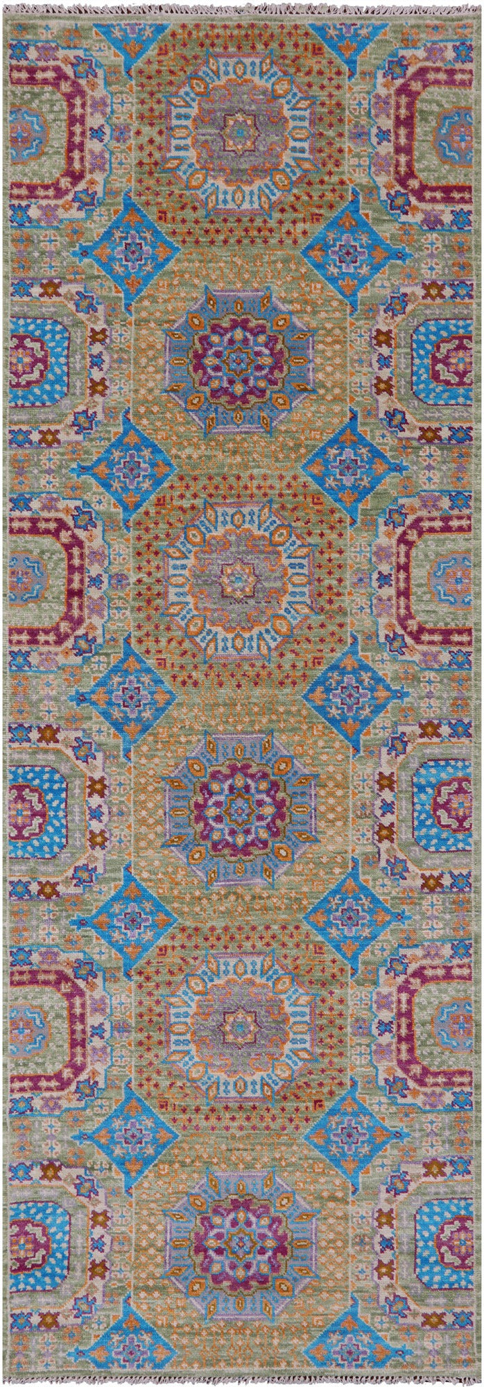 Geometric Persian Mamluk Hand Knotted Wool Runner Rug - 4' 0" X 11' 11" - Golden Nile