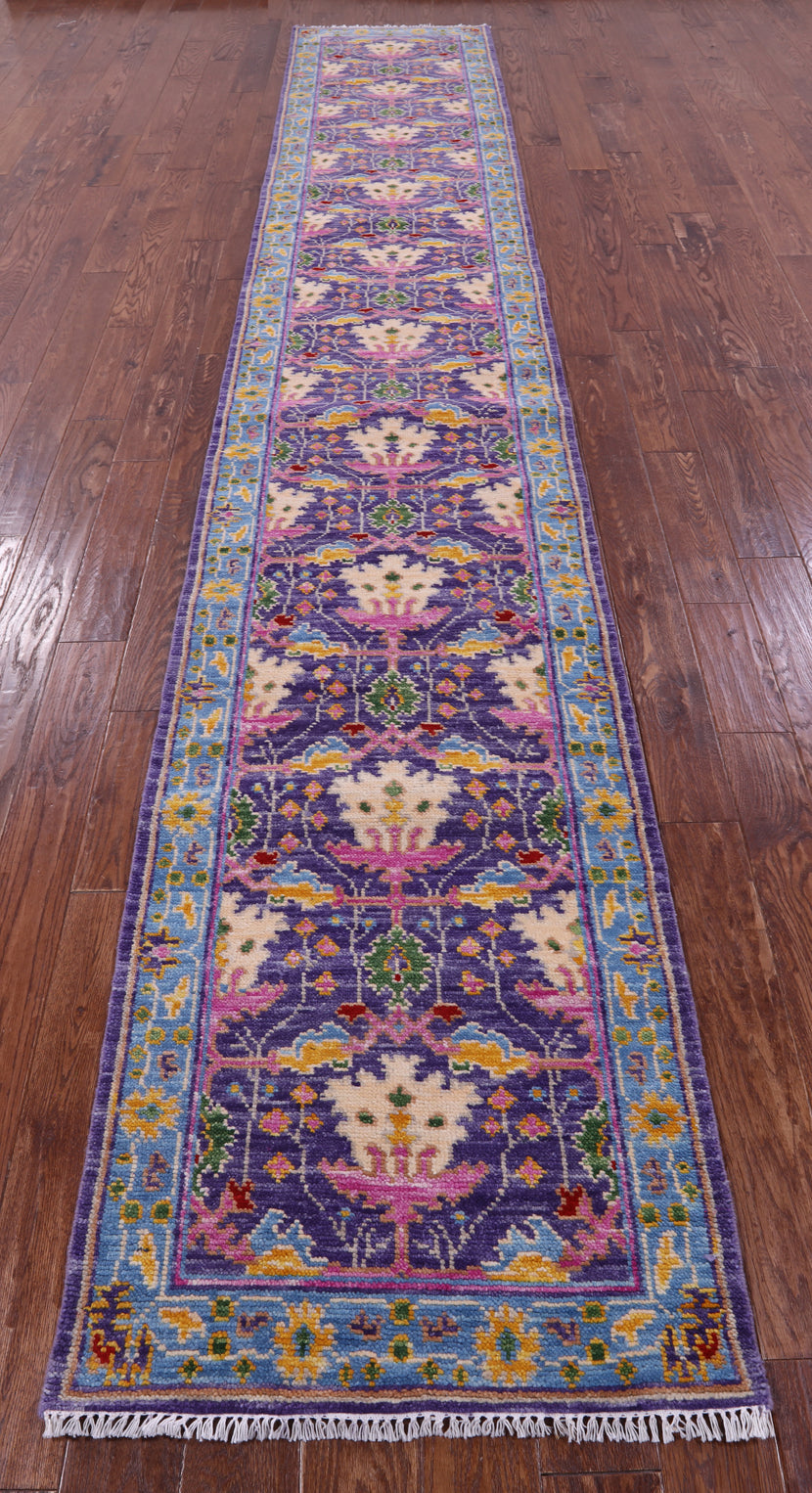 Purple Turkish Oushak Hand Knotted Wool Runner Rug - 2' 7" X 16' 0" - Golden Nile