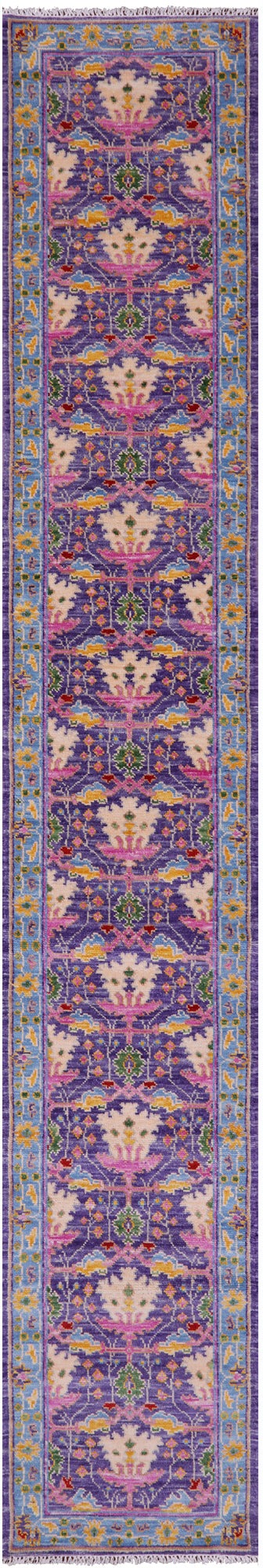 Purple Turkish Oushak Hand Knotted Wool Runner Rug - 2' 7" X 16' 0" - Golden Nile