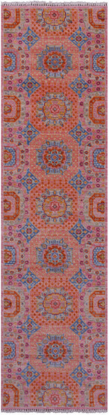 Pink Geometric Persian Mamluk Hand Knotted Wool Runner Rug - 2' 7" X 10' 1" - Golden Nile
