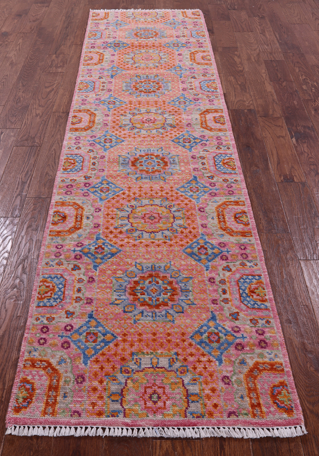 Pink Geometric Persian Mamluk Hand Knotted Wool Runner Rug - 2' 7" X 10' 1" - Golden Nile