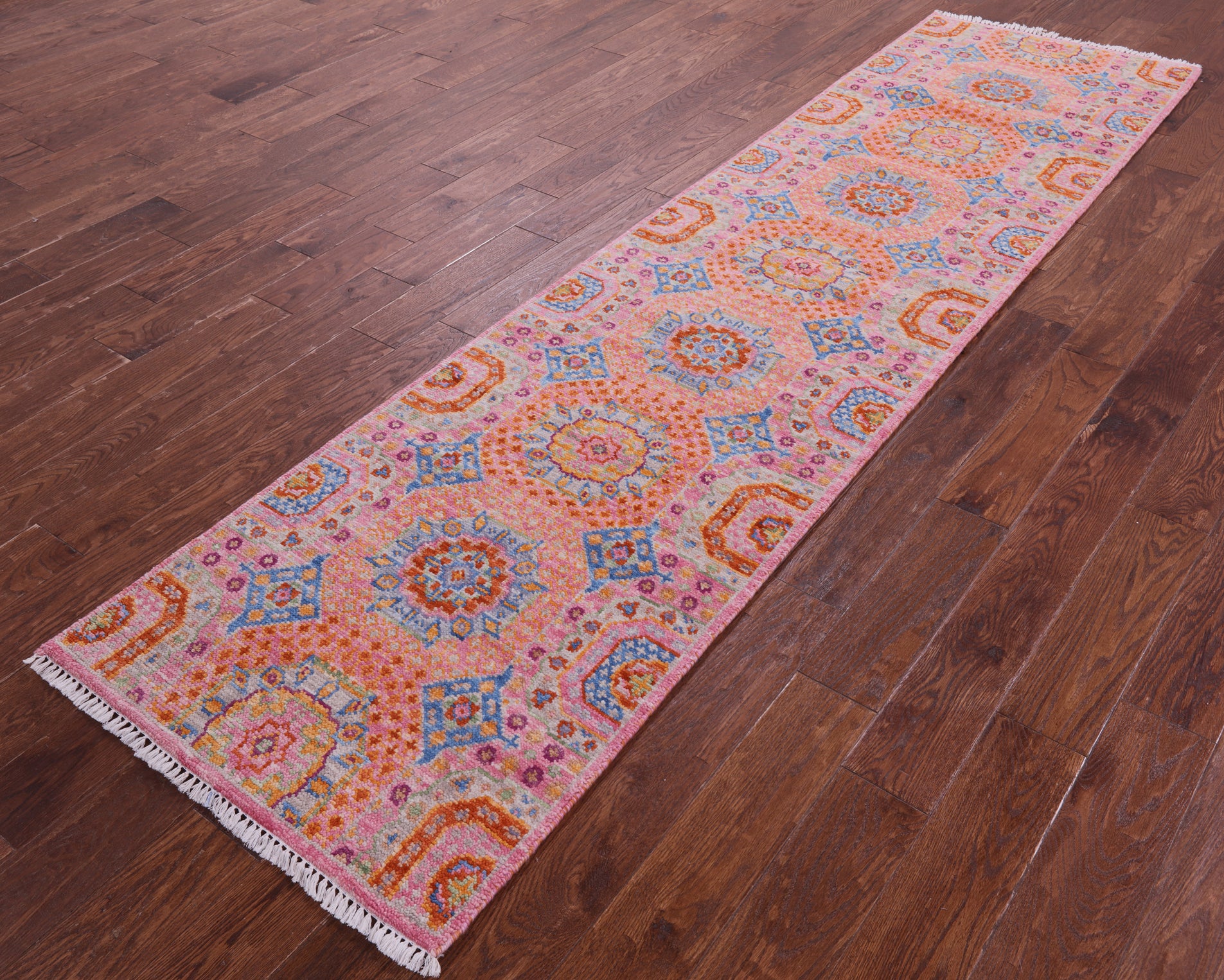 Pink Geometric Persian Mamluk Hand Knotted Wool Runner Rug - 2' 7" X 10' 1" - Golden Nile
