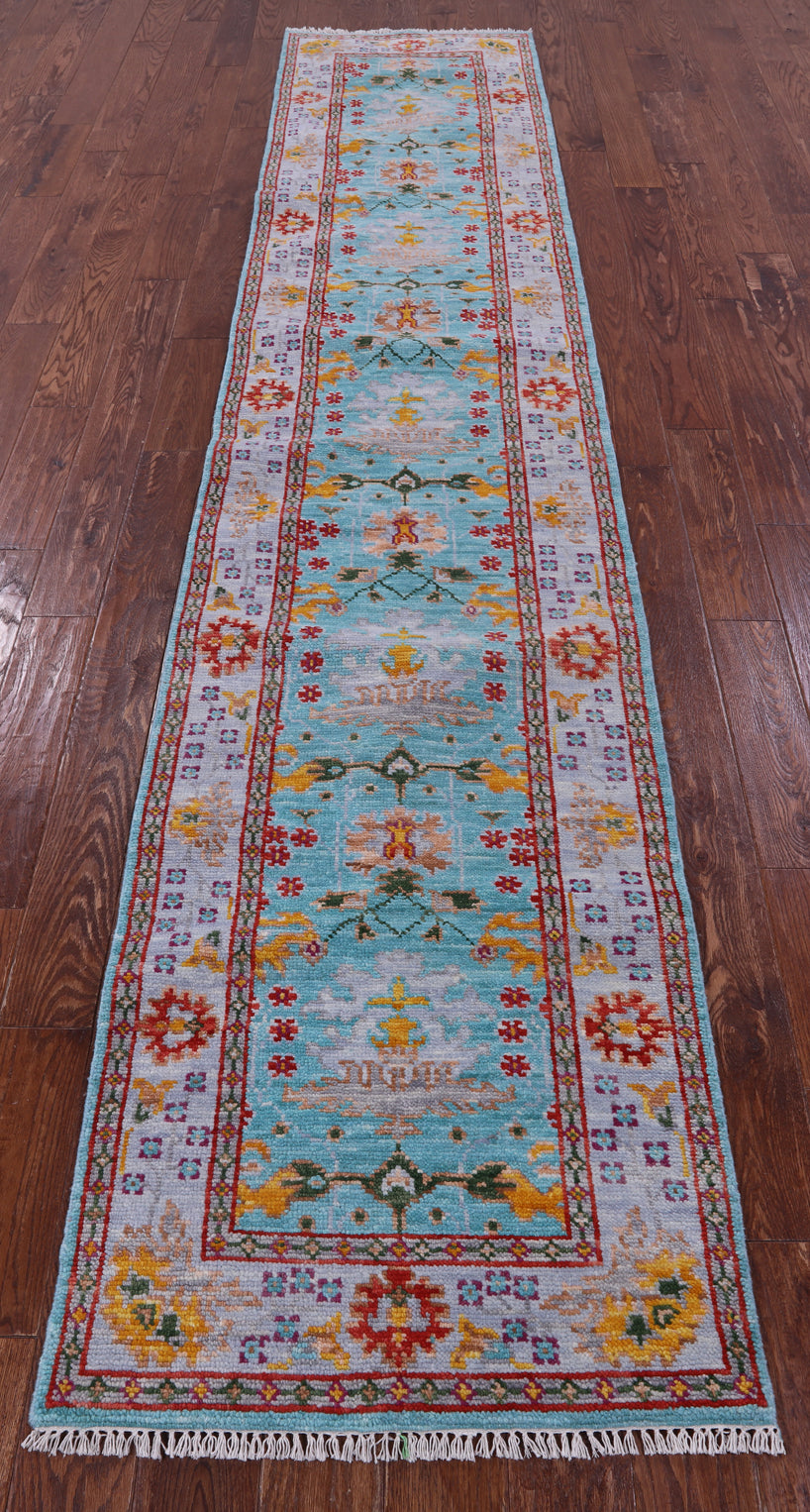 Blue Turkish Oushak Hand Knotted Wool Runner Rug - 2' 6" X 12' 6" - Golden Nile