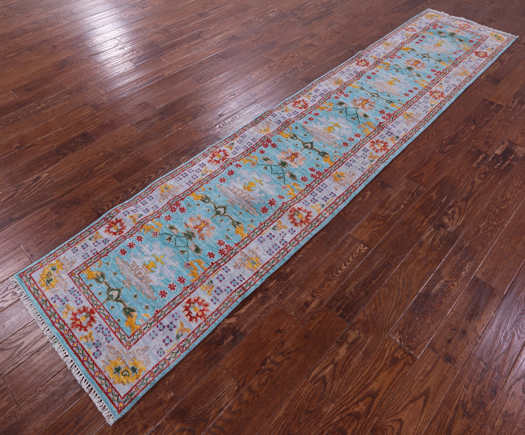 Blue Turkish Oushak Hand Knotted Wool Runner Rug - 2' 6" X 12' 6" - Golden Nile
