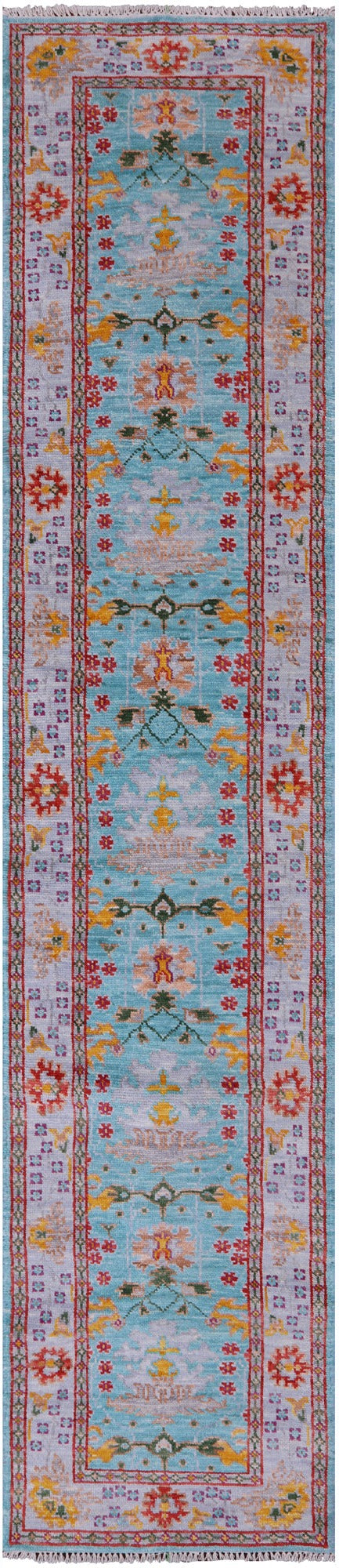 Blue Turkish Oushak Hand Knotted Wool Runner Rug - 2' 6" X 12' 6" - Golden Nile